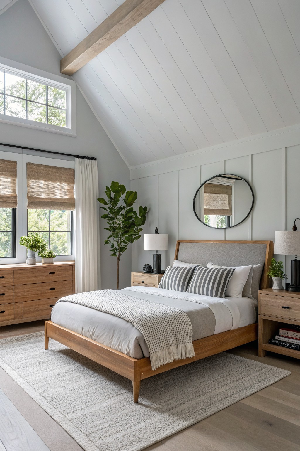 Bedroom with soft light gray shiplap walls, vaulted ceiling with wood beams, wooden bed and dresser, white bedding, potted plants, and large windows with natural light
