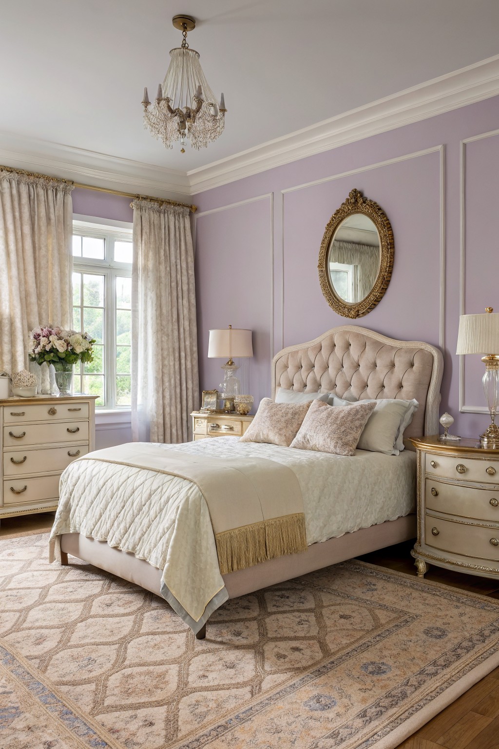 Bedroom interior with pale lavender walls, cream upholstered bed, gold-framed mirror, and antique-style furniture