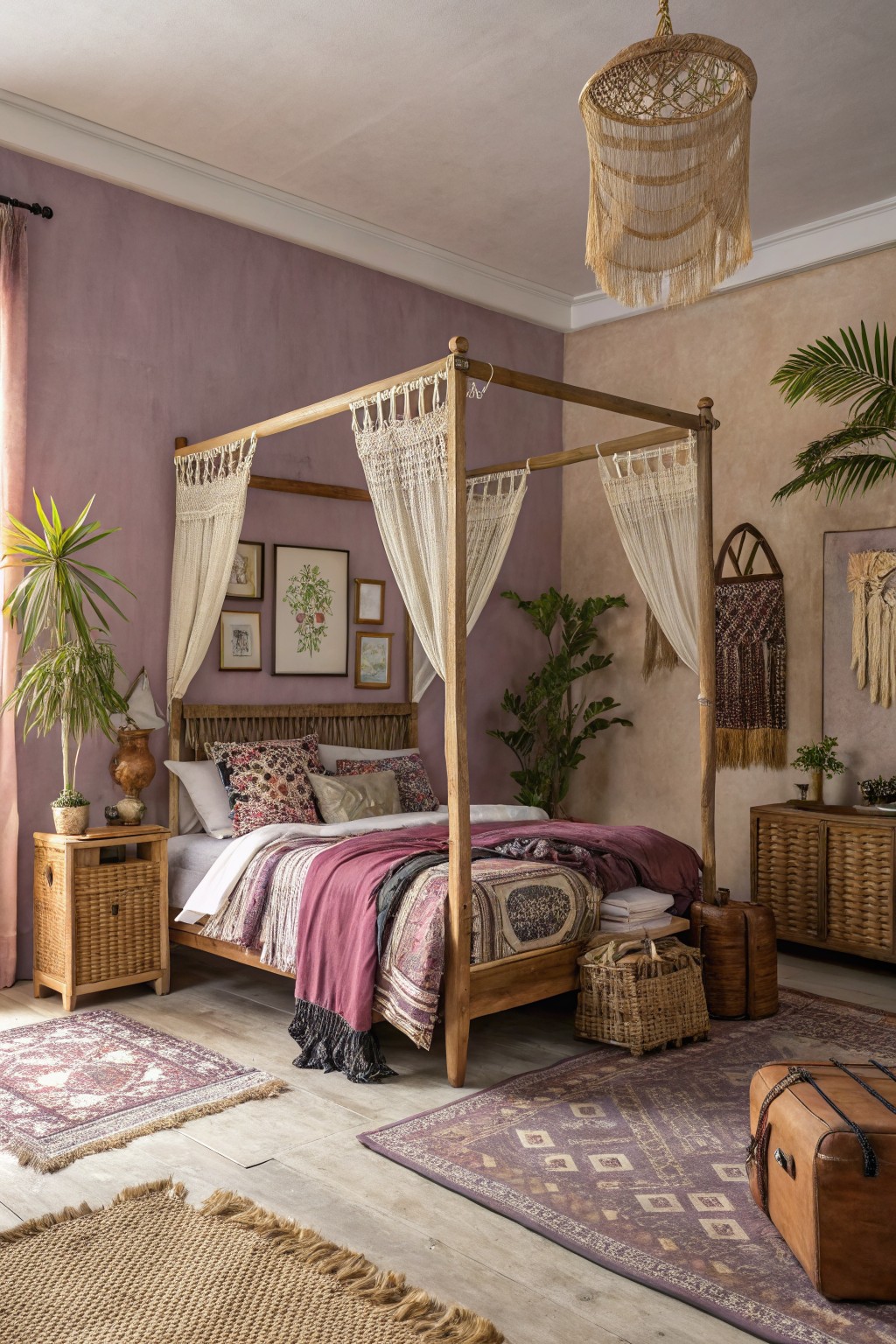 Boho bedroom with soft mauve walls, wooden canopy bed with white curtains, potted plants, rattan nightstands, and layered rugs for a serene vibe