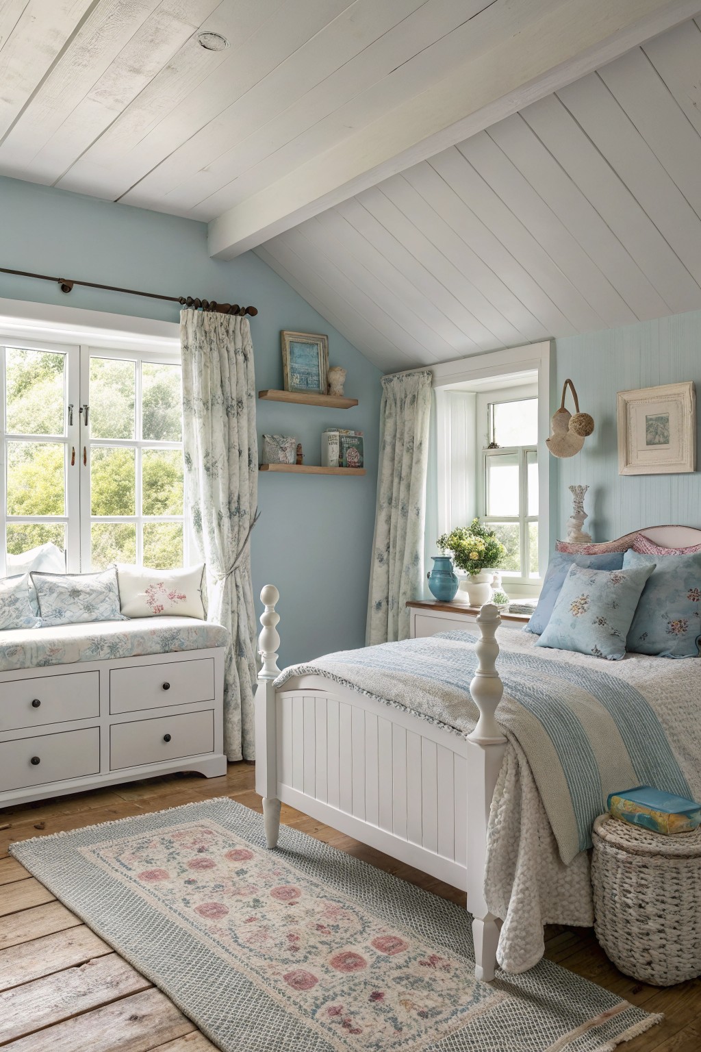 Cozy attic bedroom with pale blue walls, white four-poster bed, window seat, and pastel bedding