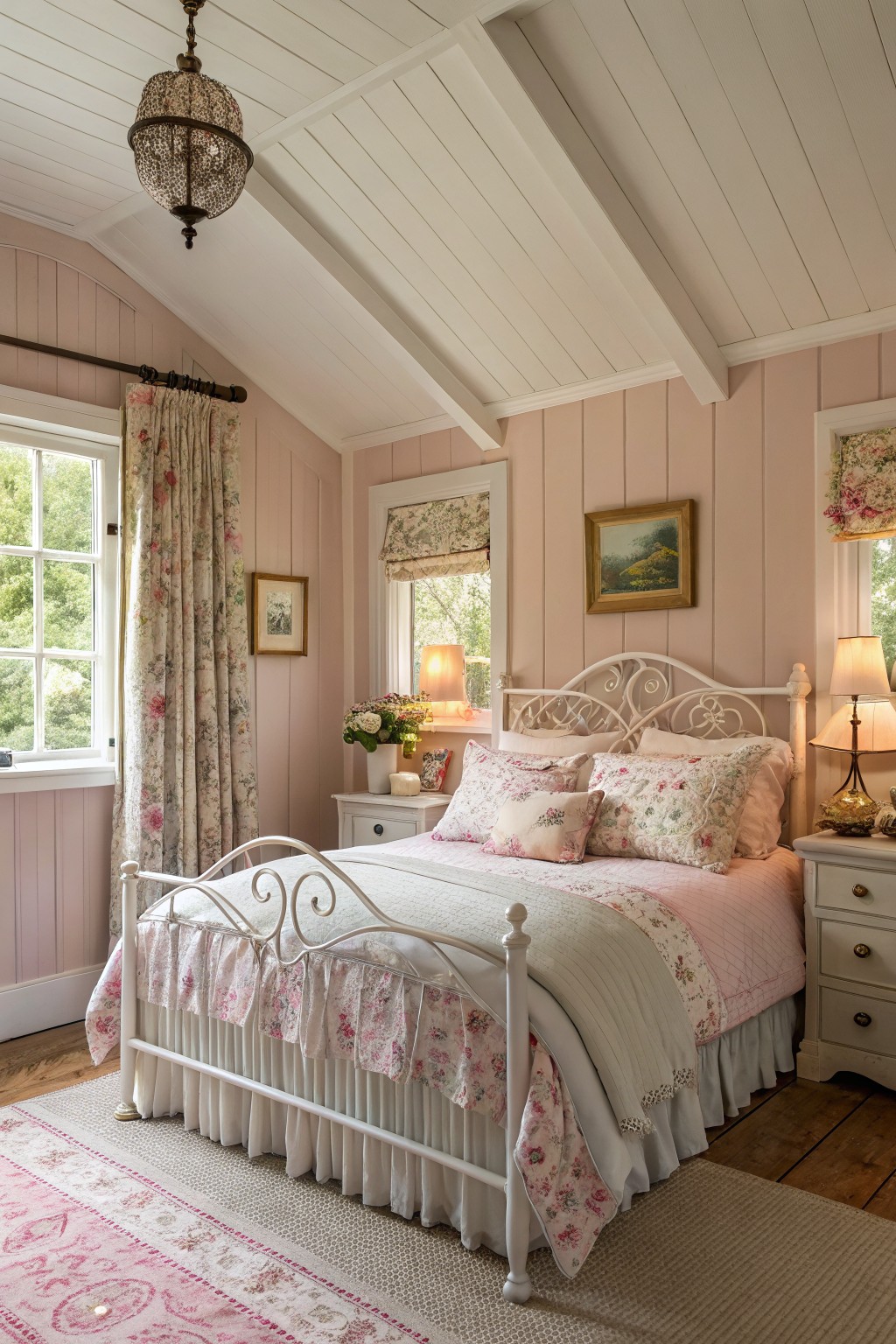 Bedroom with pale pink paneled walls, white metal bed with floral bedding, white ceiling beams, and cottage details like lamps and curtains