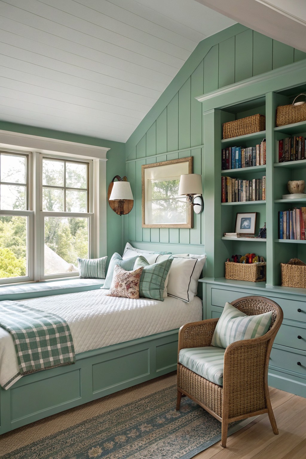 Bedroom featuring soft sage green shiplap walls and built-in bookcases, a built-in daybed with white bedding and green plaid throw, wicker chair with green pillows, hardwood floors, and large windows with tree views