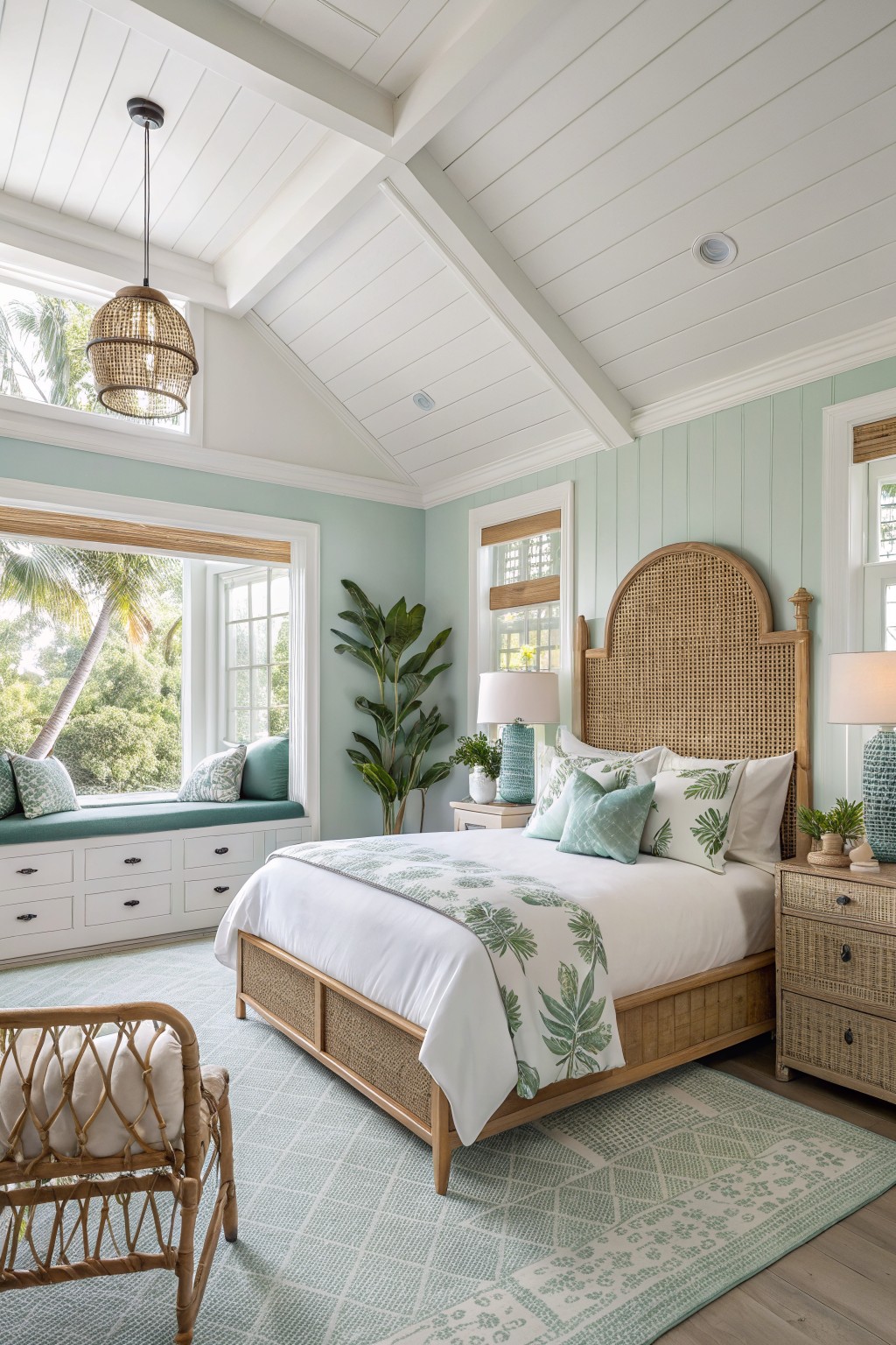 Bedroom with soft seafoam green walls, rattan headboard and furniture, white bedding, plants, and large windows overlooking palms