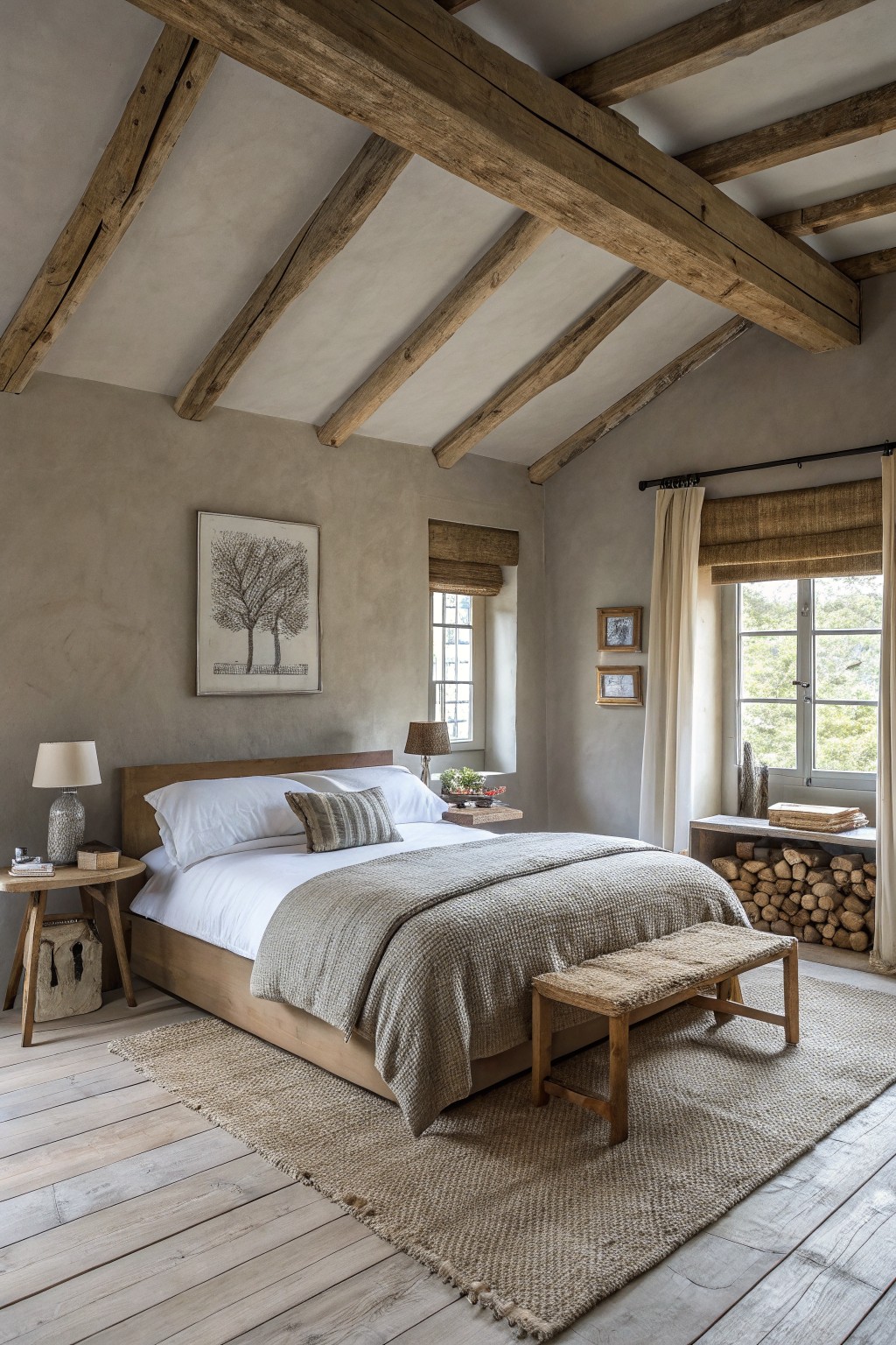 Bedroom with warm greige plaster walls, exposed wood beams, neutral bed, and window bench with firewood