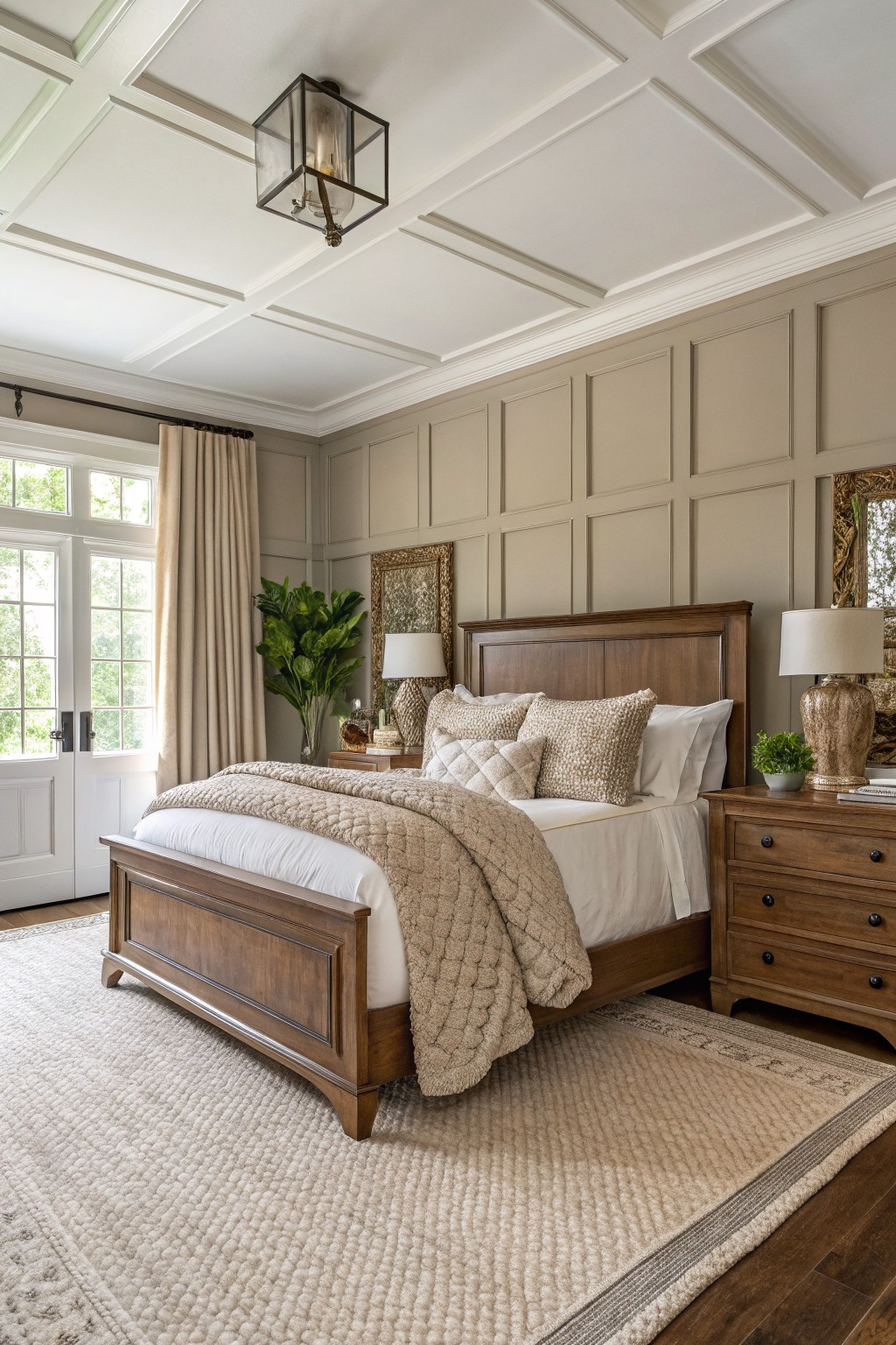Serene bedroom featuring warm greige paneled walls, a wood-paneled bed with cream quilted bedding, matching nightstands, and French doors letting in natural light