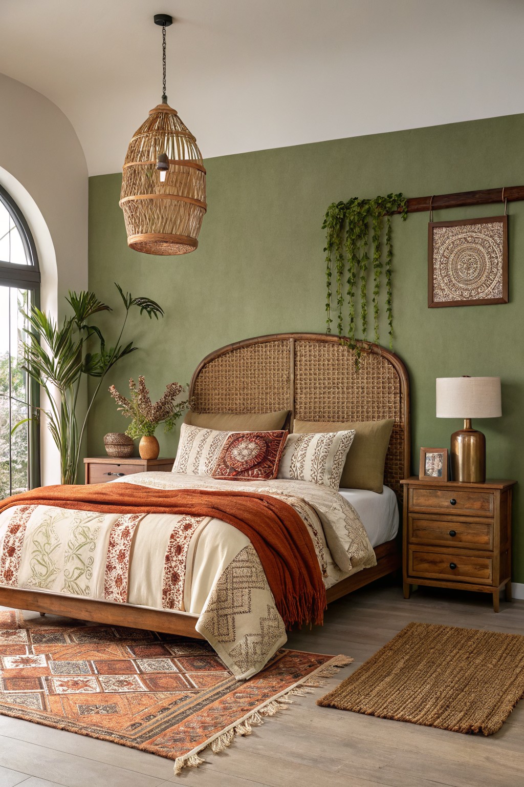 Cozy bedroom featuring warm sage green textured walls, rattan headboard, wooden furniture, potted plants, and layered terracotta bedding