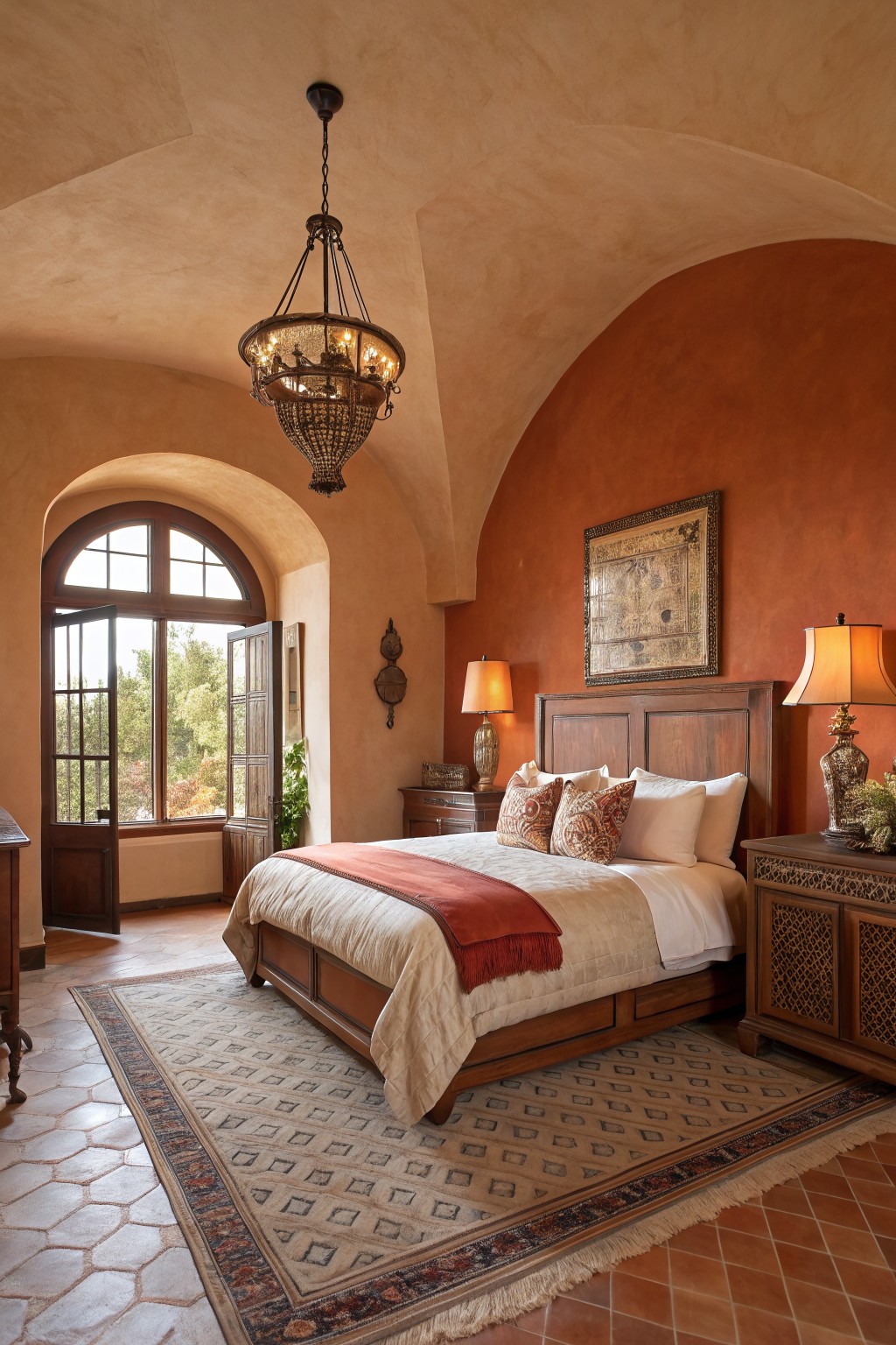 Bedroom featuring warm terracotta plaster walls, wooden bed frame, arched window, and terracotta tile floor