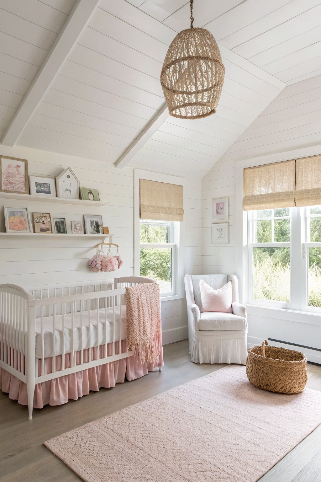 Nursery room with crisp white shiplap walls, white crib dressed in pink, and soft rug under tall windows