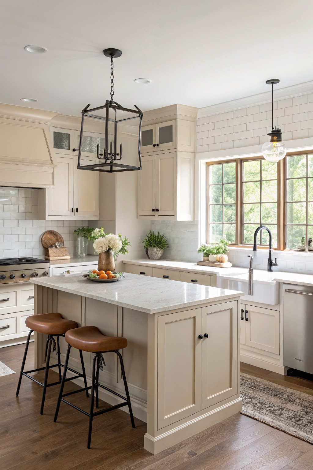Bright kitchen featuring creamy off-white cabinets, white subway tile backsplash, central island with leather bar stools, and large windows overlooking greenery