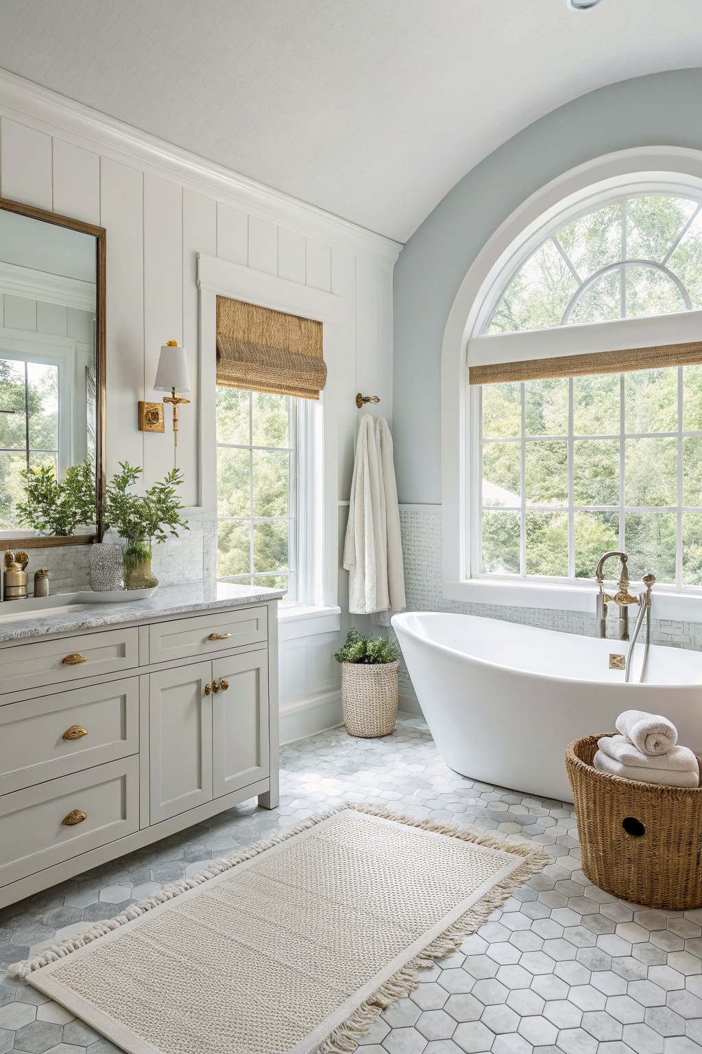 Bright white shiplap walls in a serene bathroom with pale blue arched ceiling, freestanding tub, arched window, and natural greenery accents
