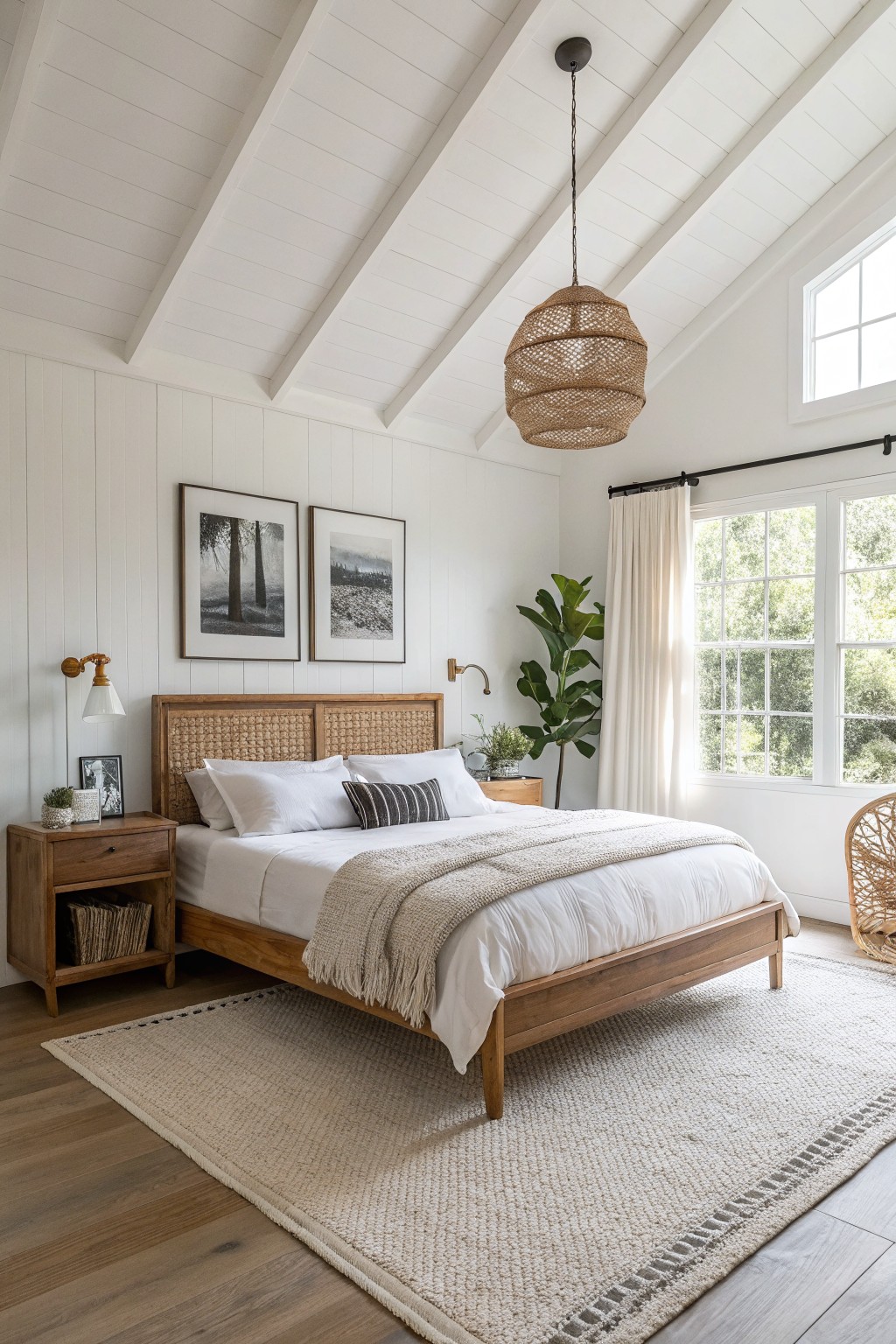 Bright bedroom with white shiplap walls, rattan headboard bed, wooden nightstand, woven pendant light, potted plants, and large window with sheer curtains over hardwood floors