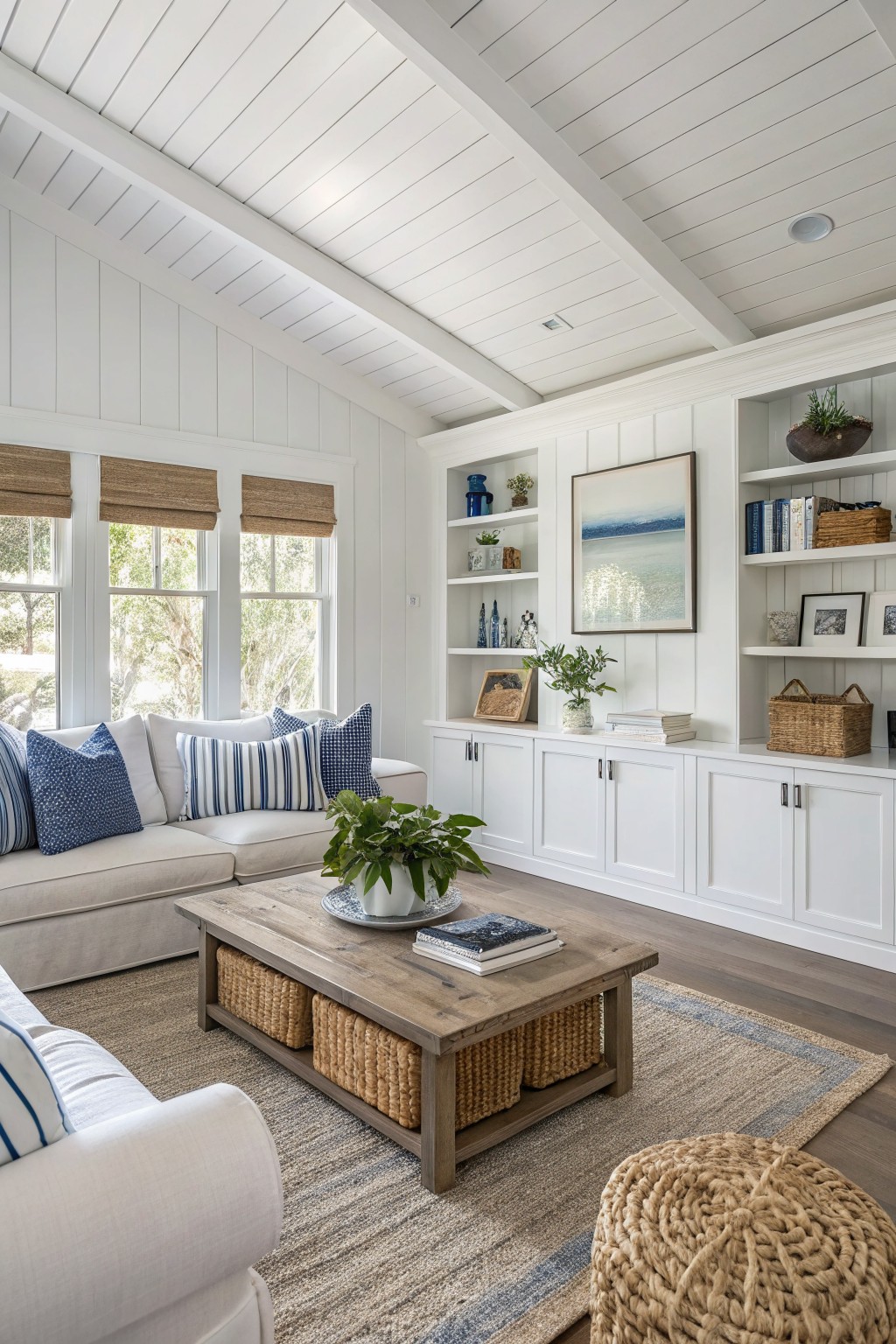 Bright white shiplap walls and built-in cabinetry in a cozy living room with blue pillows, wood furniture, and natural light