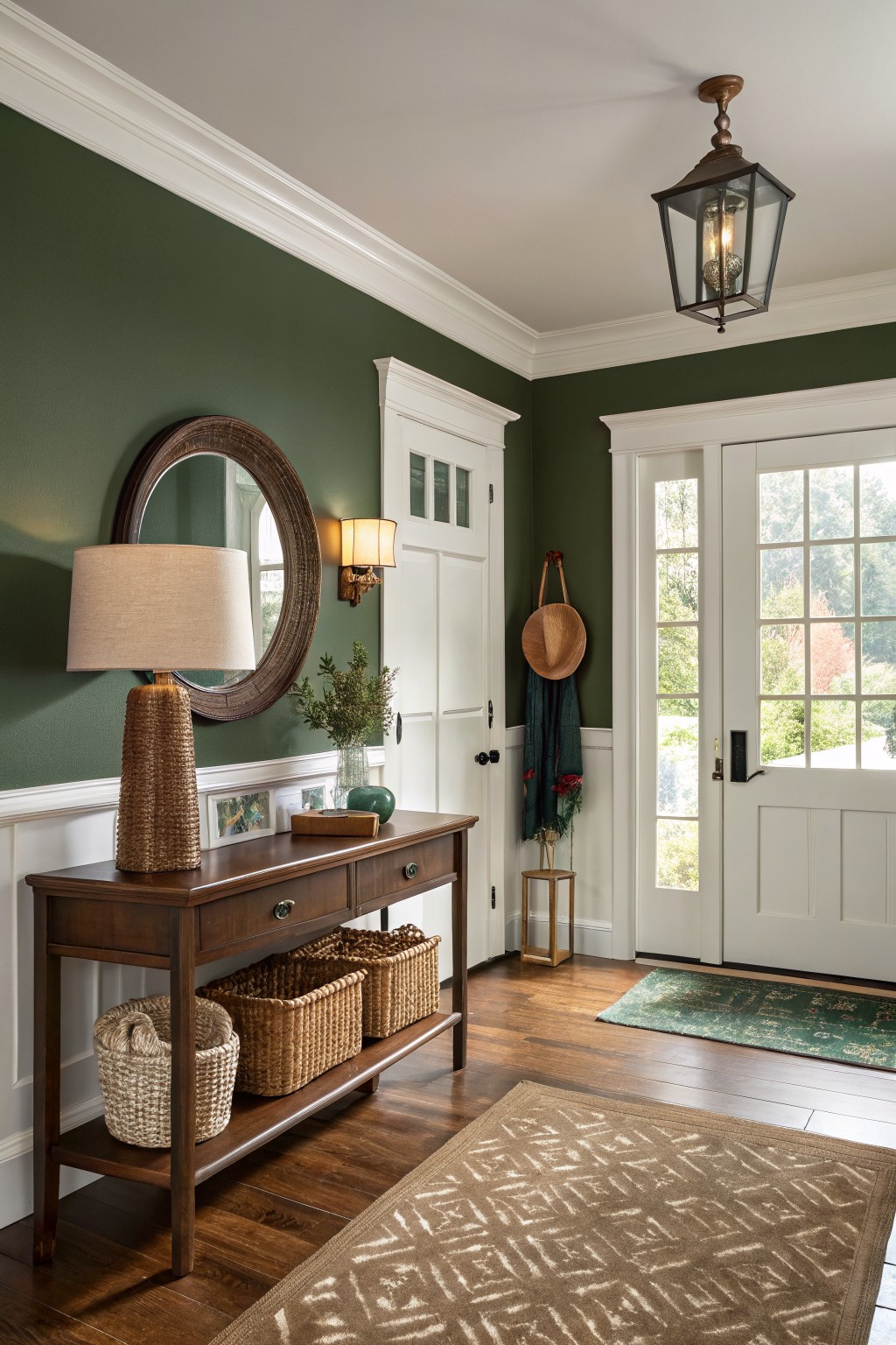 Entryway with deep green walls, wood console table holding lamp and baskets, white doors, and hardwood floors