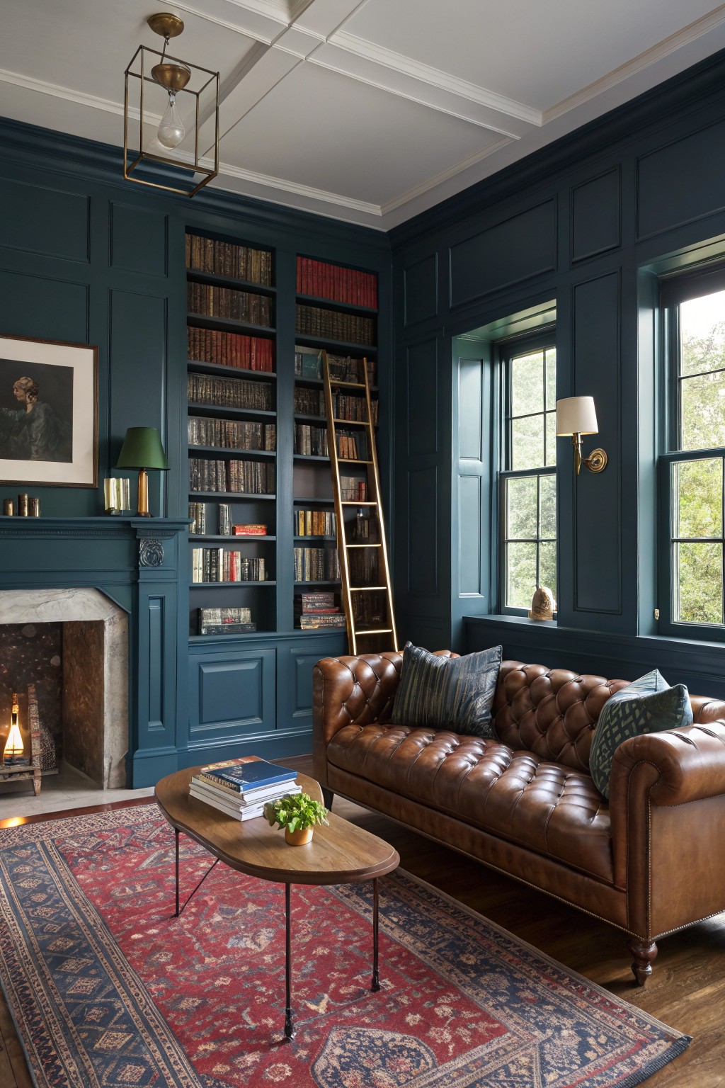 Cozy library interior with deep navy paneled walls, built-in bookshelves, leather sofa, and marble fireplace