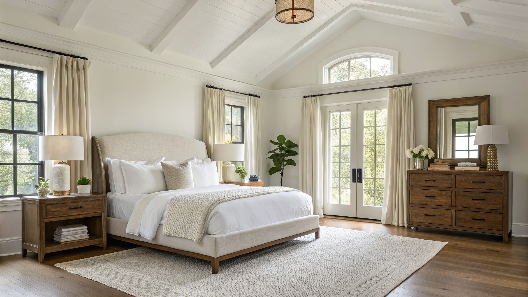 Serene bedroom with warm off-white walls, beige upholstered bed, wood nightstands, layered pillows, and French doors with cream drapes overlooking trees