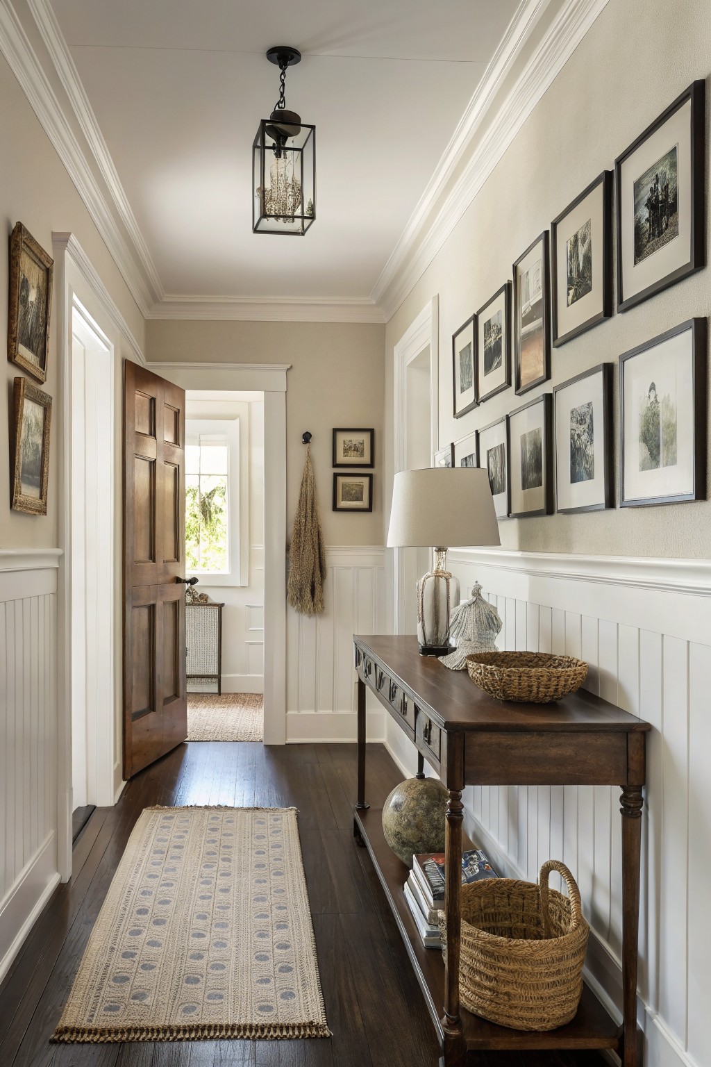 Narrow hallway with light greige walls, dark wood floors, open door to sunlit room, wooden console table with lamp and baskets, assorted framed art on walls