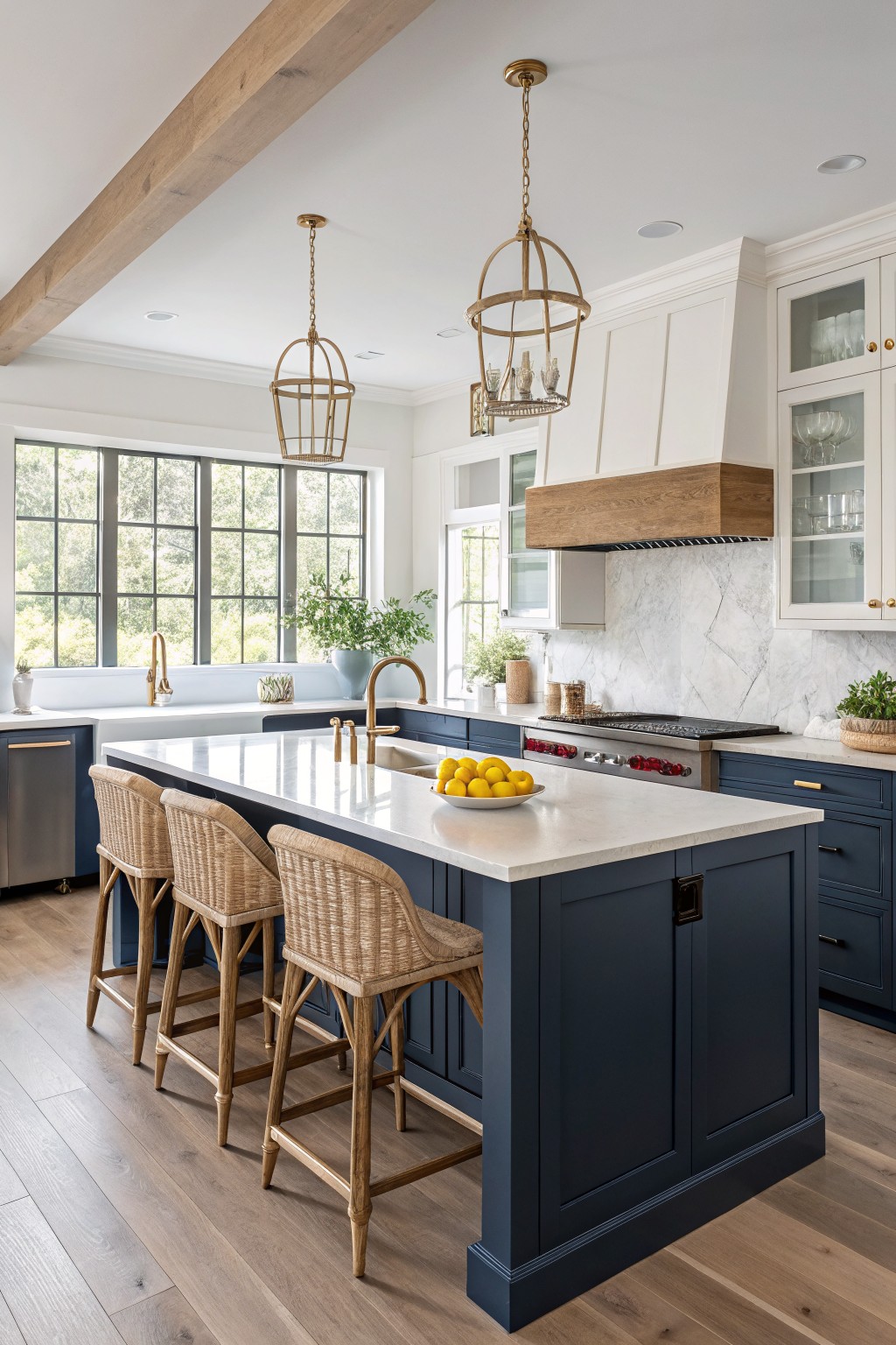 Bright kitchen featuring navy blue lower cabinets and island with white quartz countertop, rattan barstools, wood beams, and large windows