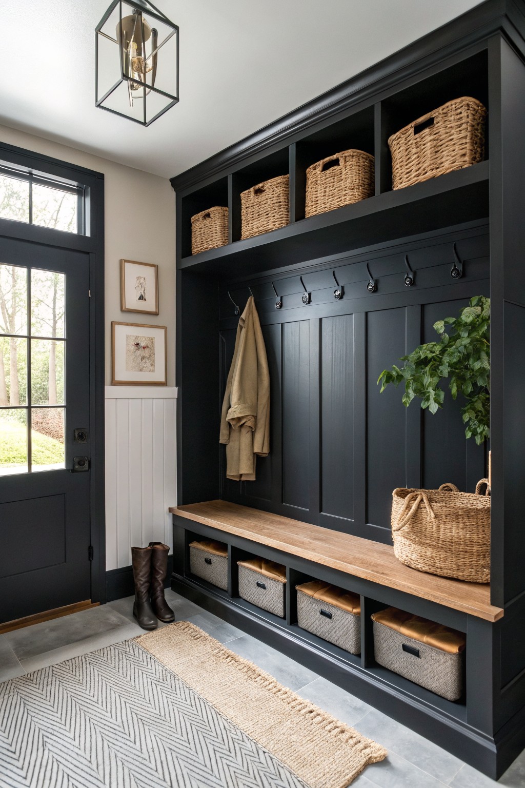 Mudroom with deep navy built-in cabinets, wood bench, coat hooks, woven baskets, tall boots, and black door beside a window