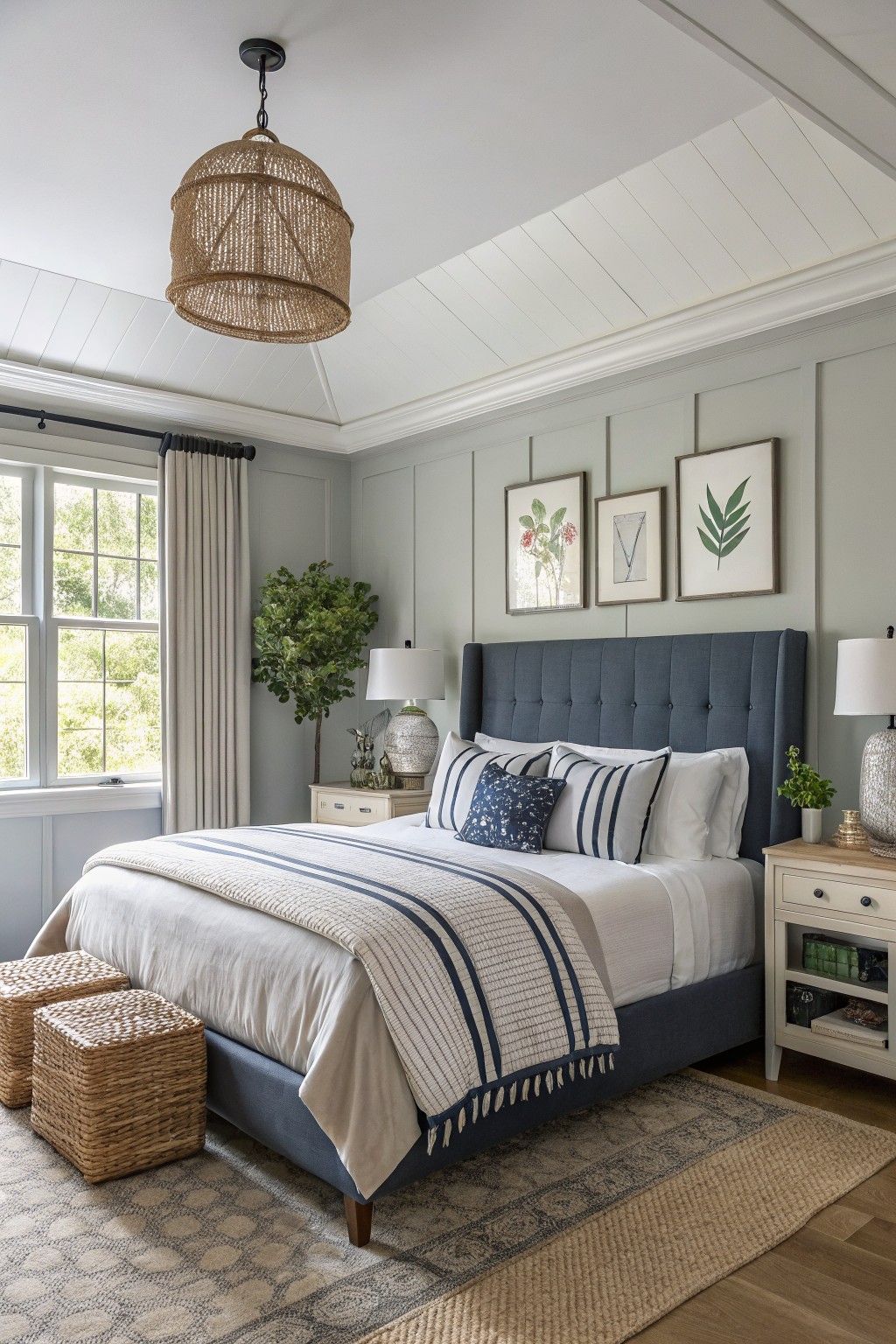 Bedroom with pale sage walls, navy upholstered bed, white bedding with stripes, rattan pendant light, botanical art, potted plants, hardwood floors, neutral rug