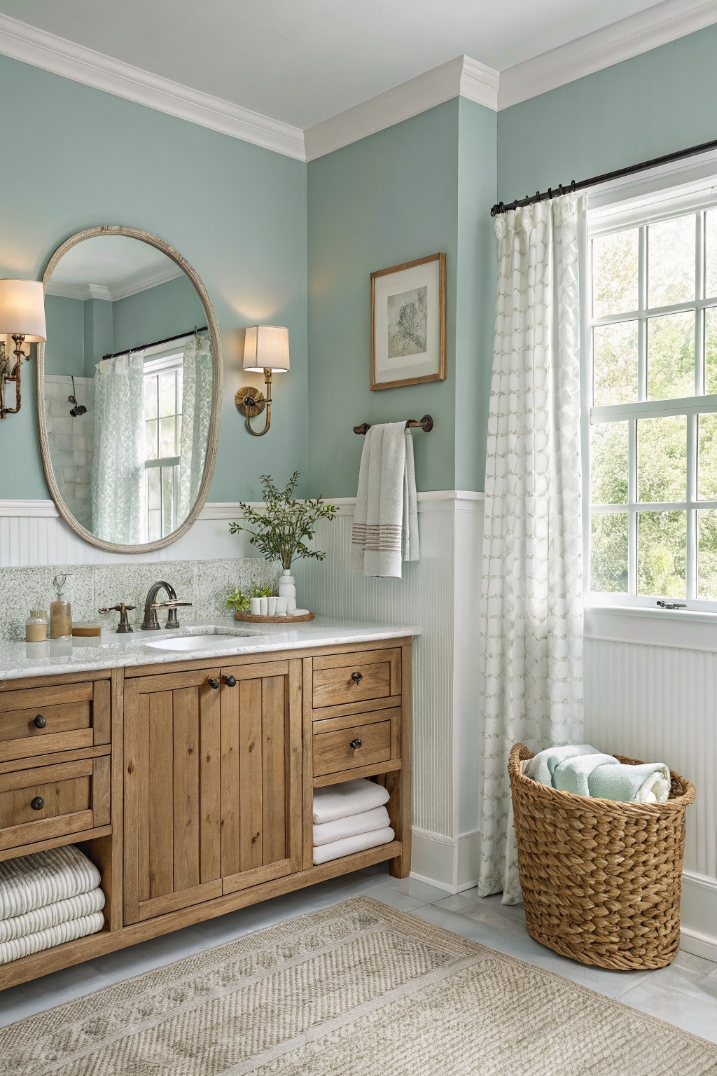 Cozy bathroom featuring light blue-green walls, wood vanity with white countertop, oval mirror, potted plants, and sheer white curtains by a window