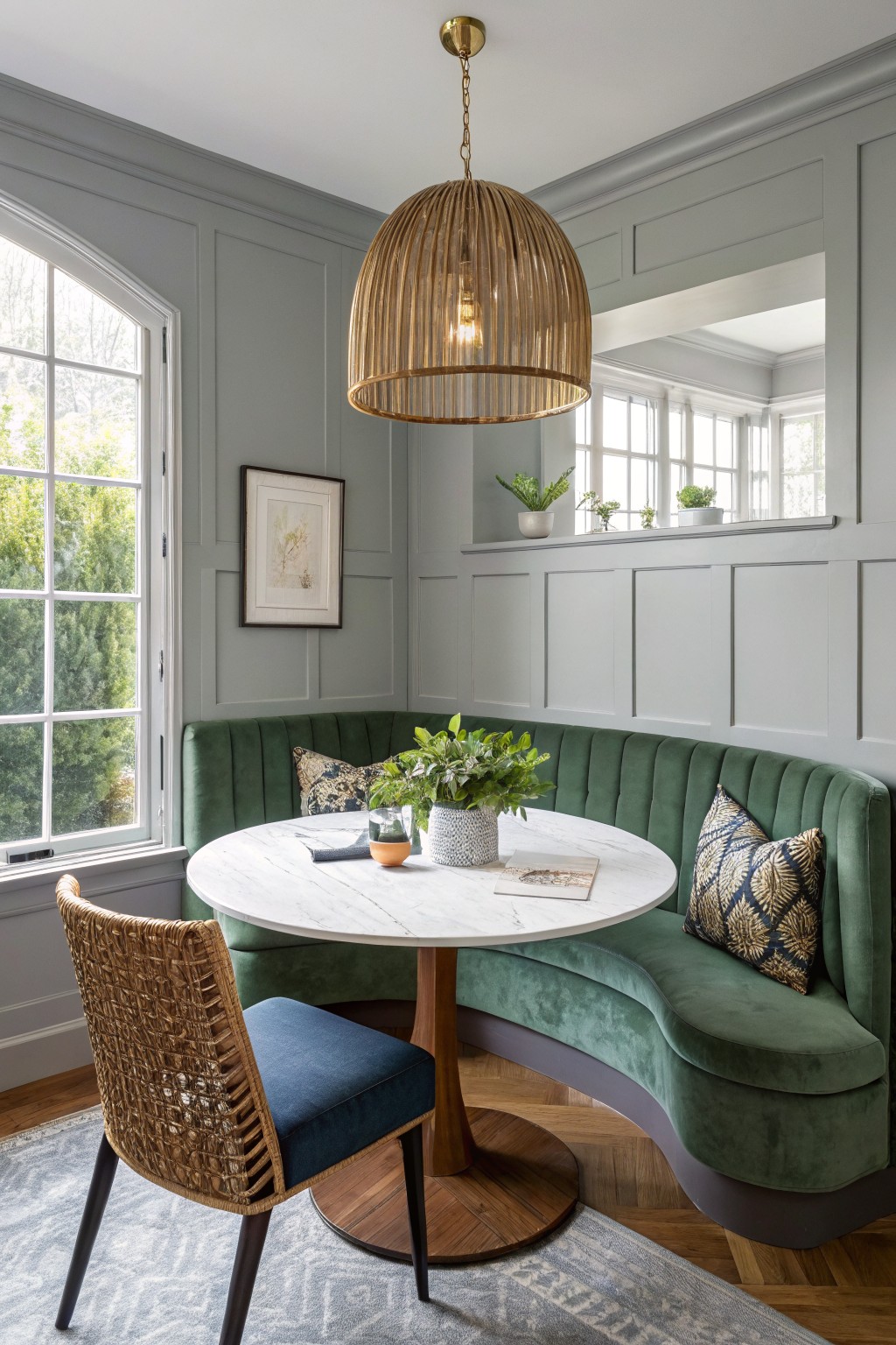 Cozy breakfast nook featuring soft gray paneled walls, curved emerald green velvet booth seating around a white marble pedestal table, rattan chair with blue cushion, potted plants, and hanging rattan pendant light over hardwood floors.