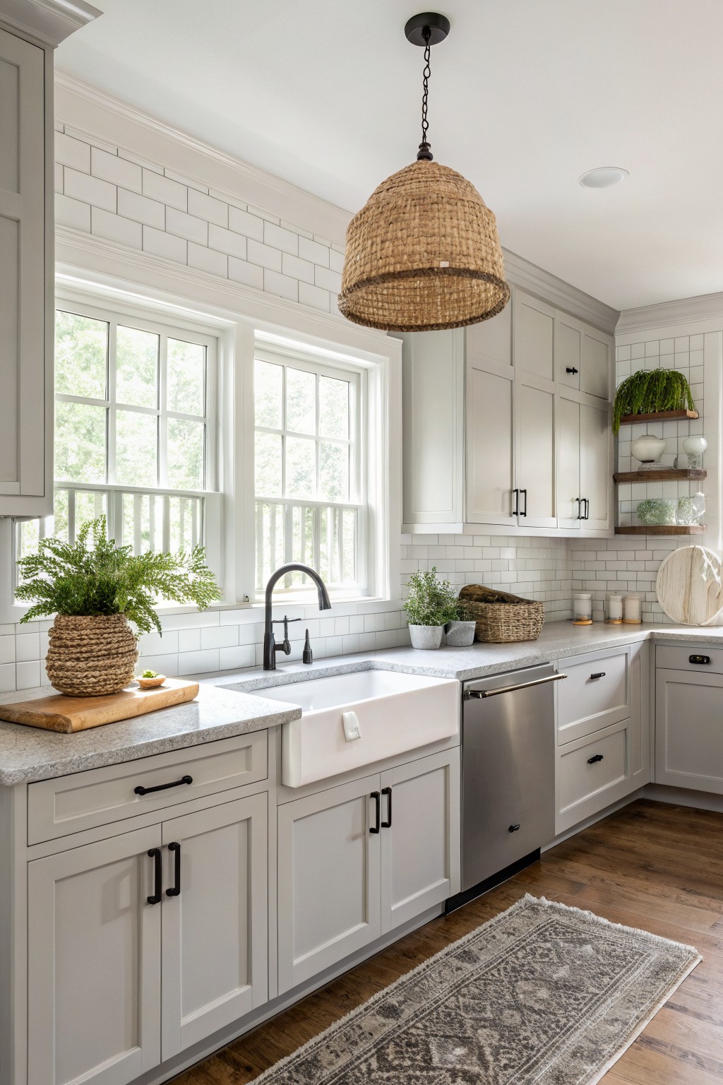 Bright kitchen featuring light greige cabinets, white subway tile backsplash, farmhouse sink, woven pendant light, and hardwood floors