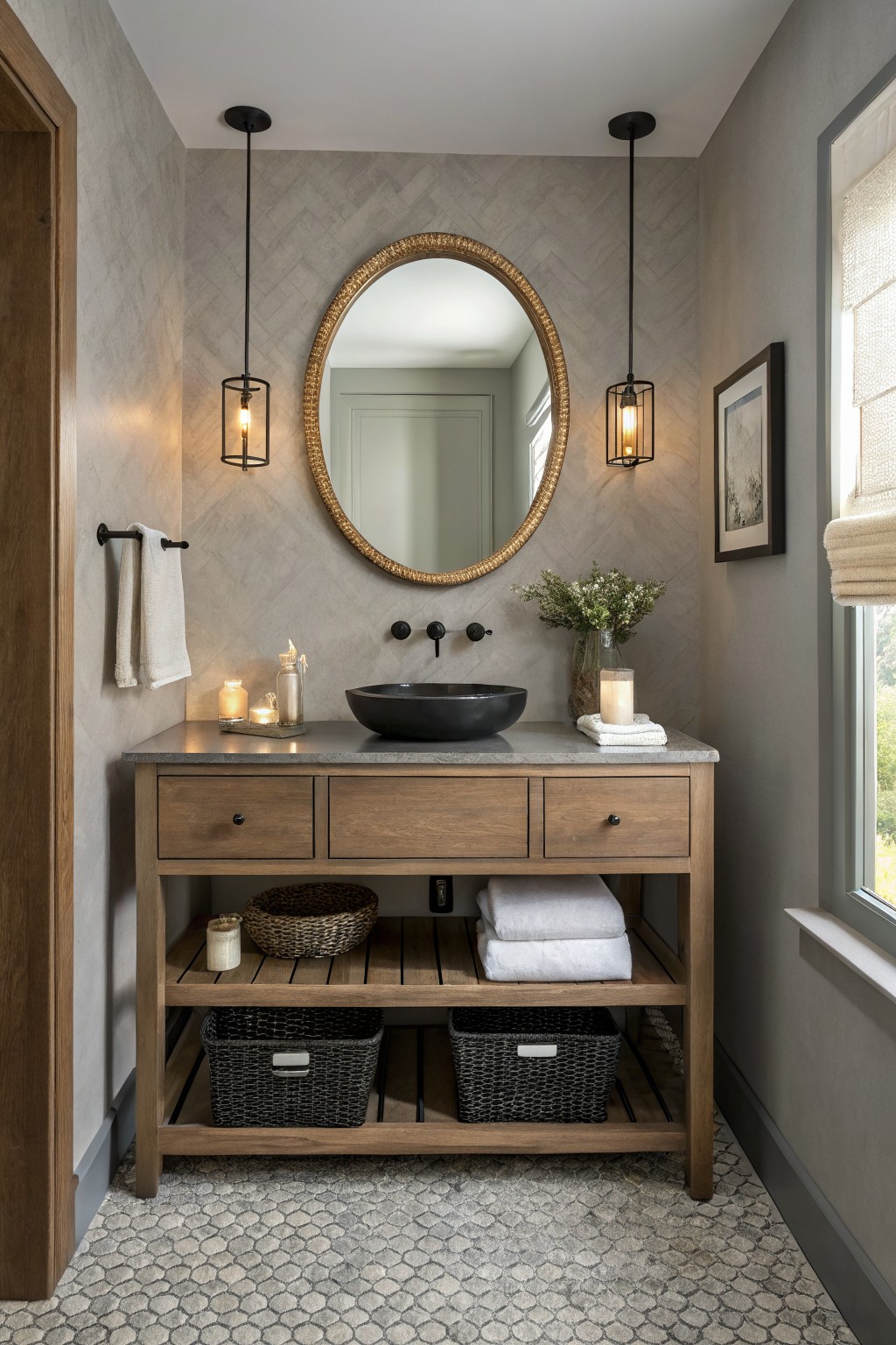 Cozy bathroom featuring light greige herringbone walls, wood vanity with black vessel sink, gold-framed round mirror, pendant lights, and woven storage baskets