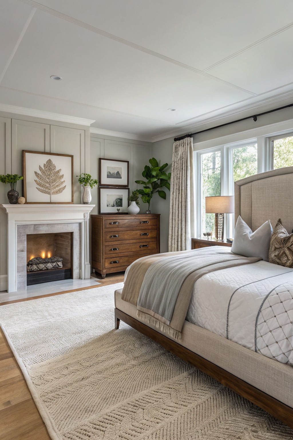 Bedroom with soft greige walls, white fireplace, wood dresser, beige bed, and large windows with neutral drapes