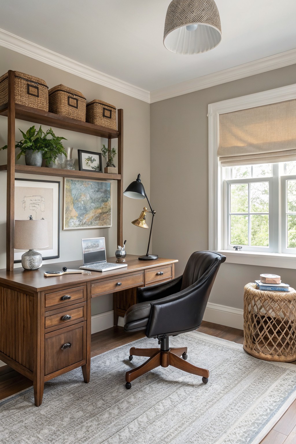 Cozy home office with soft greige walls, wooden desk, black leather chair, plants, and natural light from window