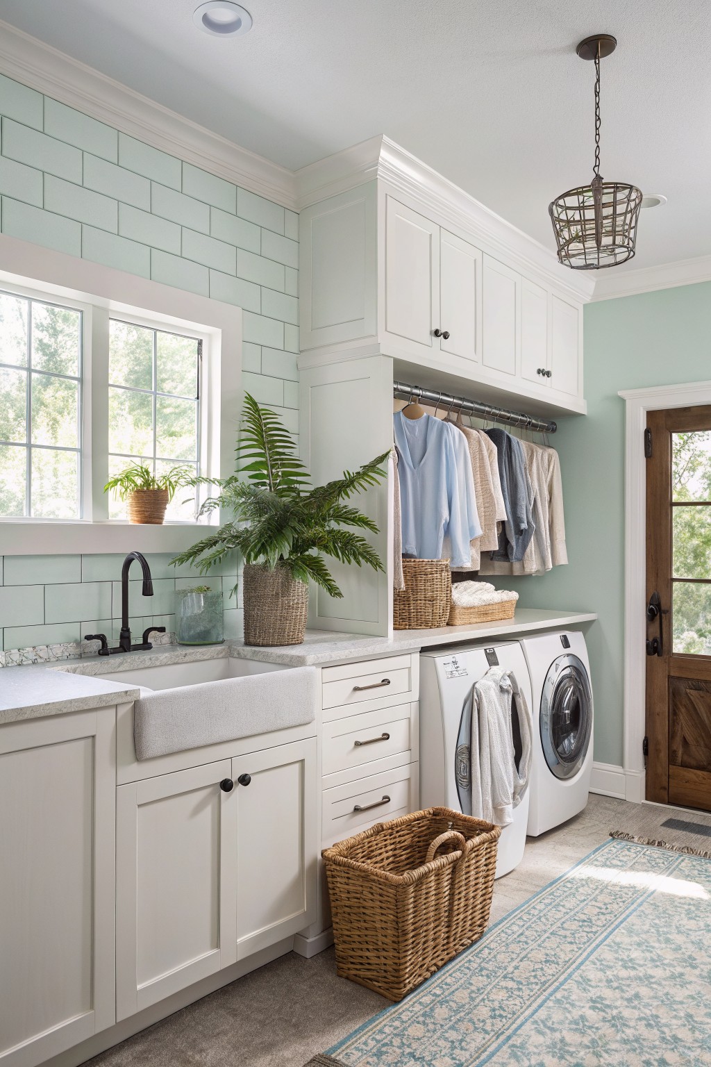 Laundry room featuring pale mint green subway tile walls, white shaker cabinets with hanging rod above washer and dryer, potted ferns, wicker baskets, and a farmhouse sink