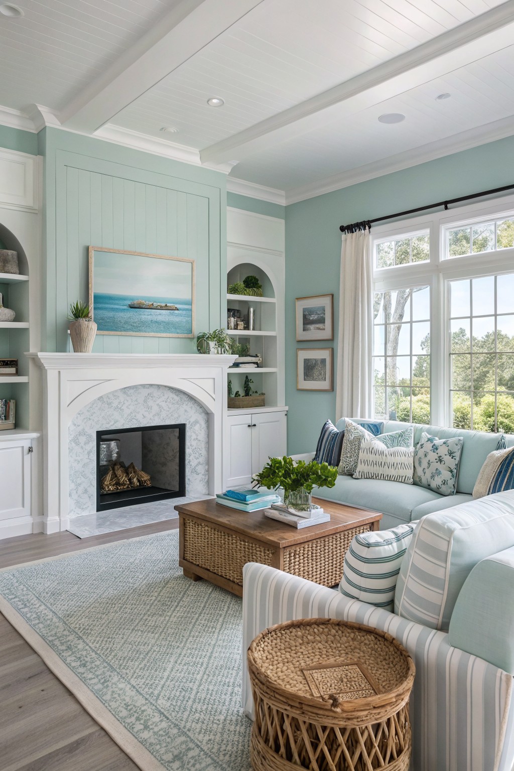 Living room with pale seafoam green paneled walls, white arched fireplace, light blue sofa with striped pillows, woven furniture, and large windows with views of trees.