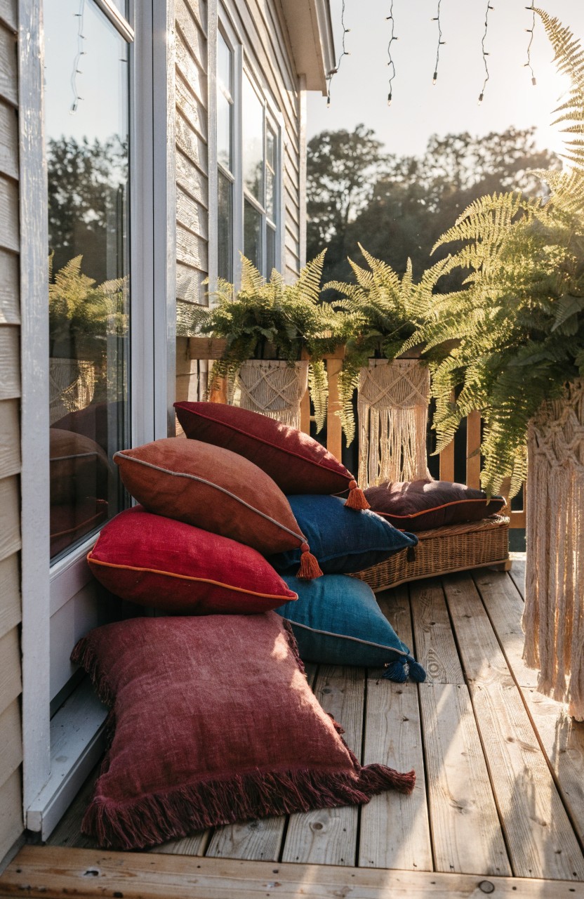 Small wooden balcony with glass sliding door, rattan bench covered in colorful velvet pillows including teal, rust, and cream, flanked by two hanging ferns in macrame, string lights overhead, and trailing plants along the railing.