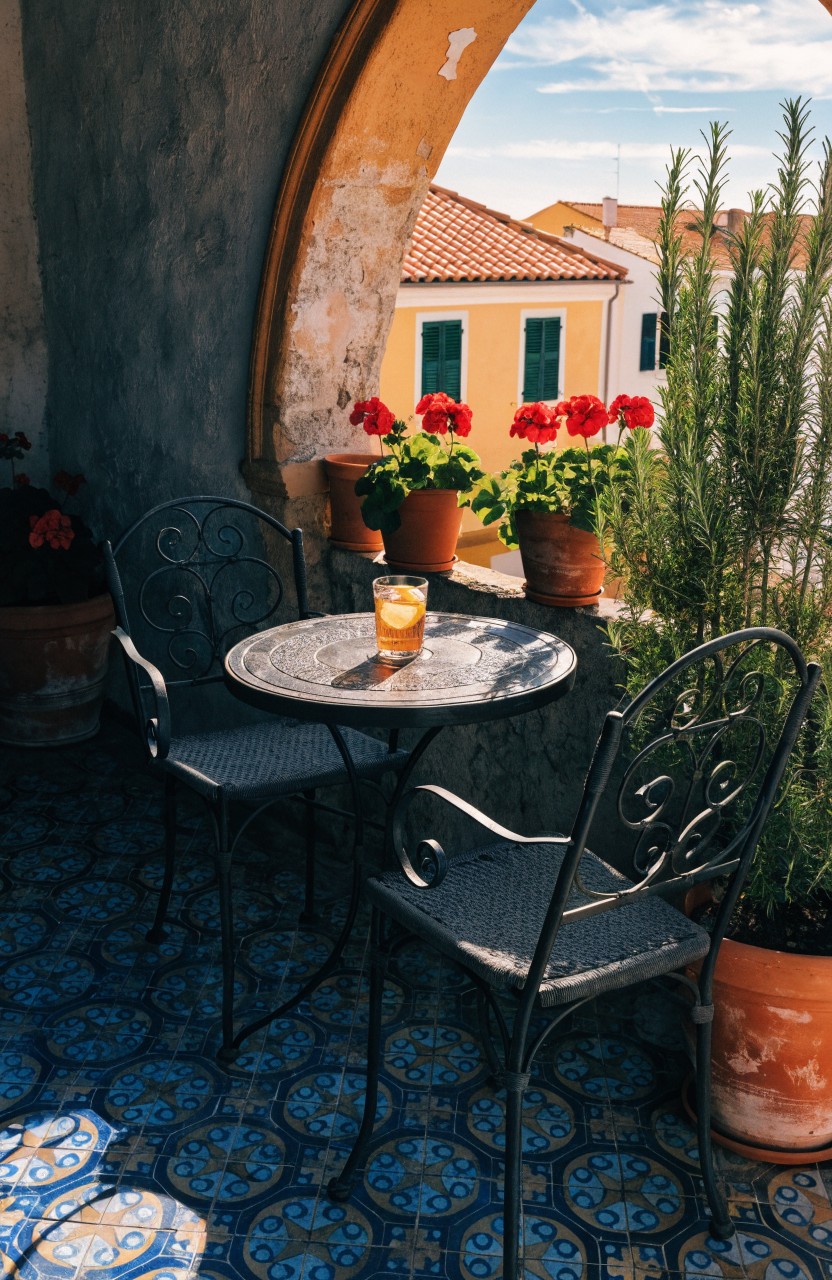 Small arched balcony with blue patterned tile floor, black metal round table and two chairs, terracotta pots holding rosemary and geraniums, and a view of a red tiled roof under blue sky.