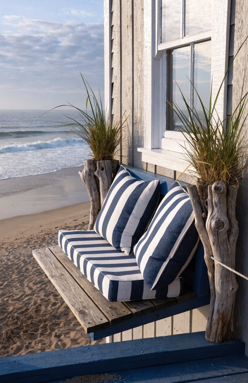 White clapboard house exterior with a wooden balcony bench holding two blue-and-white striped cushions, two potted tall grasses in driftwood containers, rope details, and an ocean view.