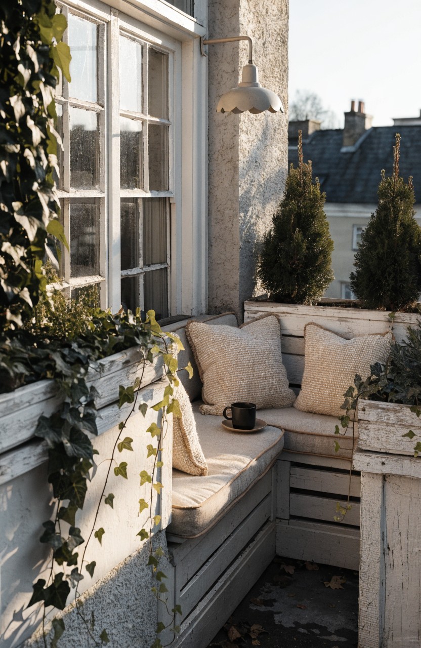 Small outdoor balcony corner with built-in wooden bench topped by beige linen cushion, weathered white wooden panels covered in ivy, potted fir trees, hanging white-globed lantern, and large multi-pane windows beside brick buildings under blue sky.
