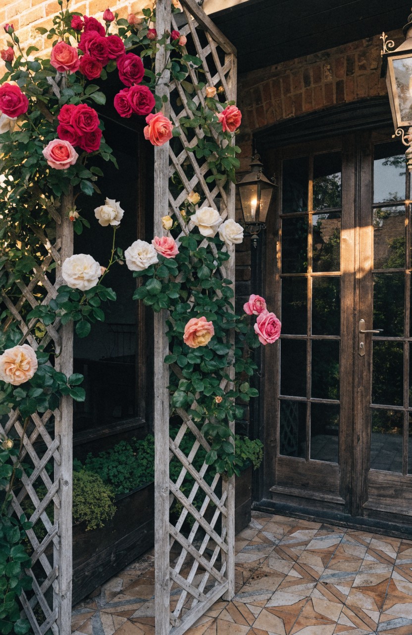 Mint green double doors with windows on a white stucco wall, flanked by lanterns and a wooden A-frame trellis covered in pink climbing roses, with potted roses on steps and patterned tile floor.