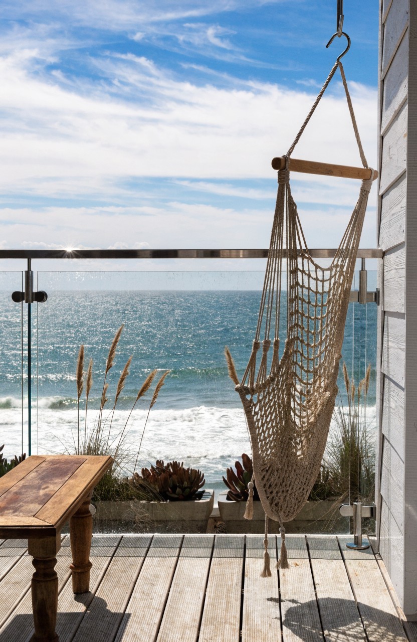 Small balcony with white wooden exterior wall, glass railing overlooking blue ocean, suspended white rope hammock chair, wooden side table, potted grasses and succulents.