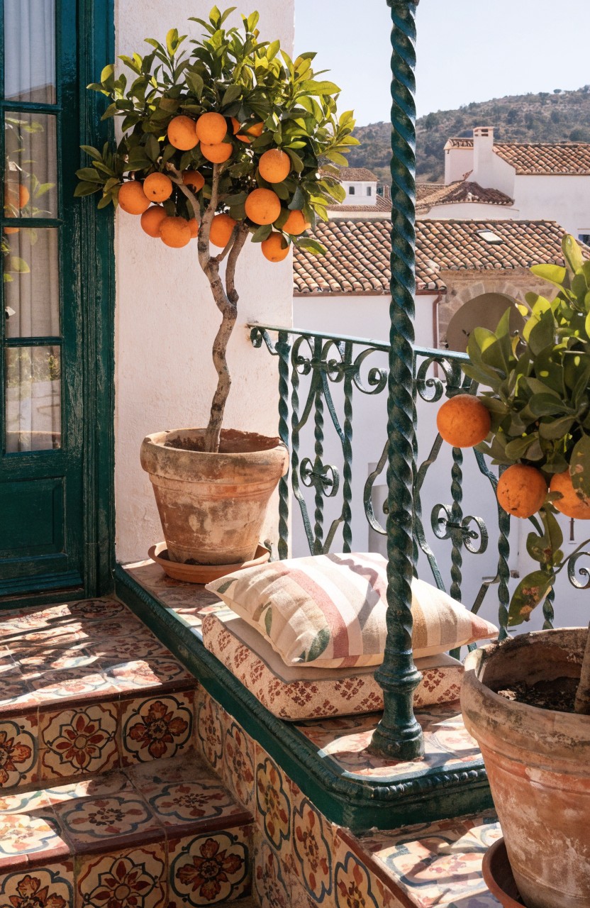White stucco courtyard with arched doorways, potted lemon trees bearing yellow fruit, black wrought-iron lamppost, wooden bench, and blue tiled floor.
