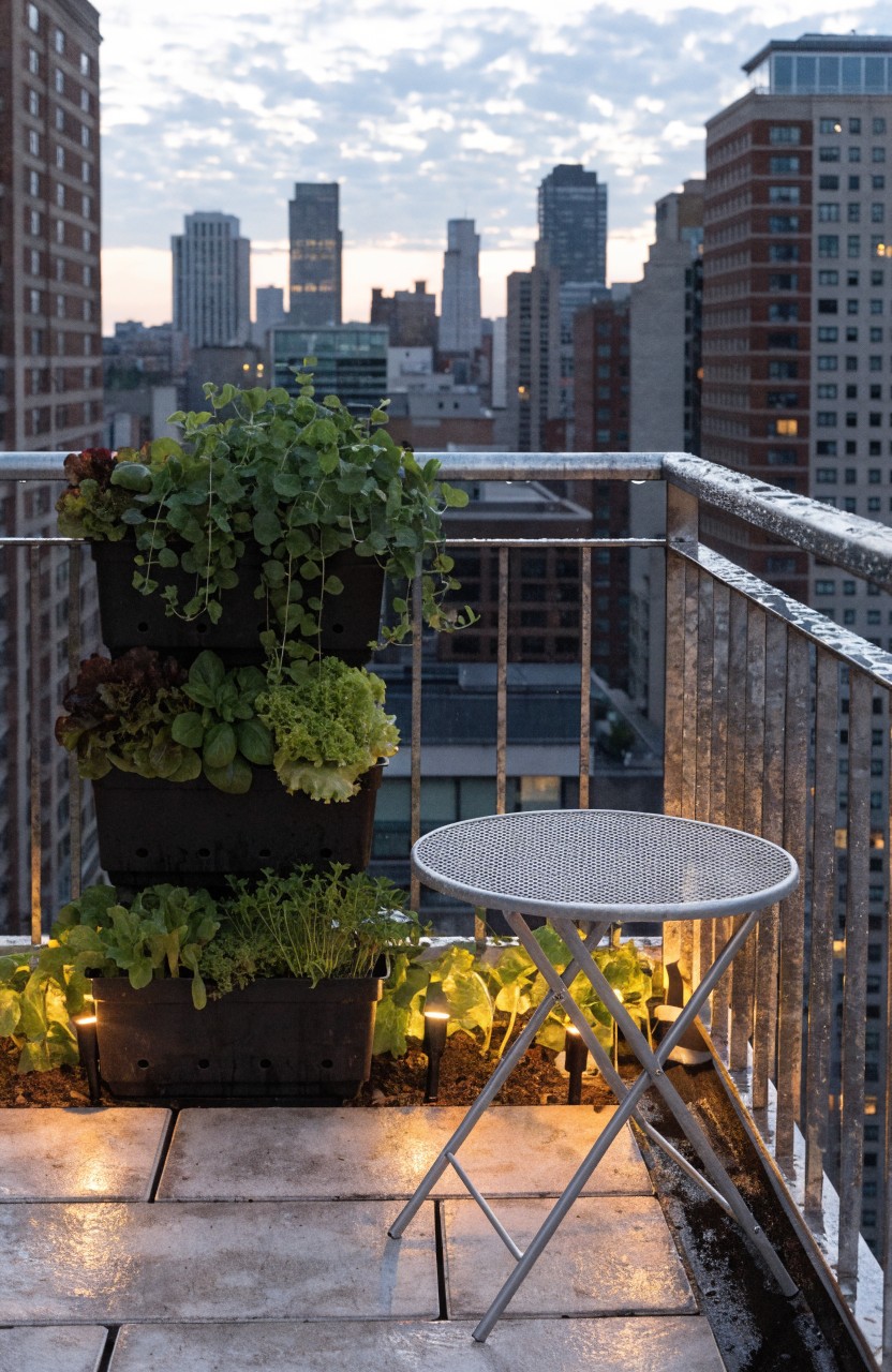 Small city balcony at dusk with black vertical planters holding green plants and red tomatoes, slim LED lights along the edges, a round striped table with metal chairs, marble tiles on the floor, and metal railing overlooking skyscrapers.