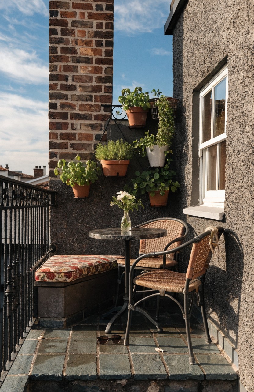 Small balcony corner with brick walls and chimney covered in hanging and wall-mounted pots of green plants and flowers, stone floor, cushioned bench, small table, two chairs, window, and lantern light.