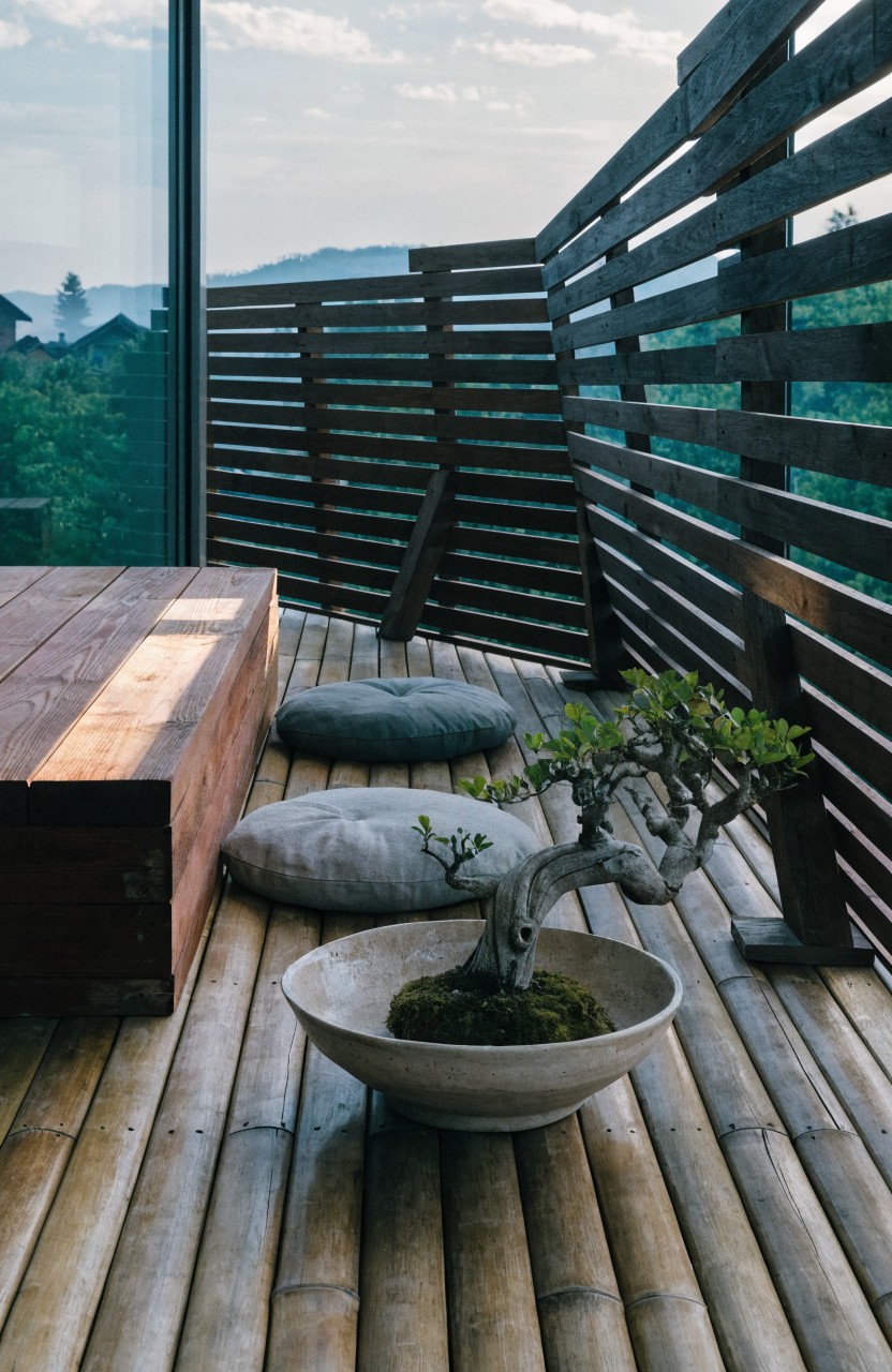 Small outdoor balcony with gray wooden decking, vertical dark wood slat privacy screen, potted bonsai tree with moss, two round beige cushions on a wooden bench seat, glass door, and view of green trees.