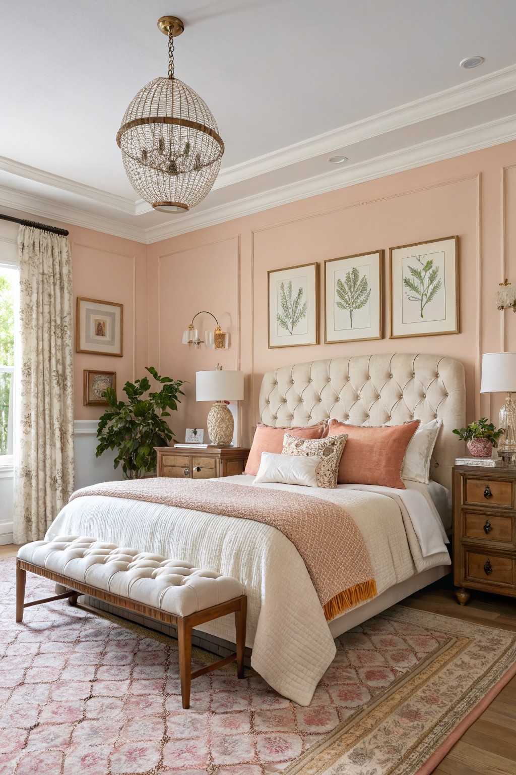 Bedroom with blush pink walls, tufted beige bed, botanical wall art, wood nightstands, and pink rug