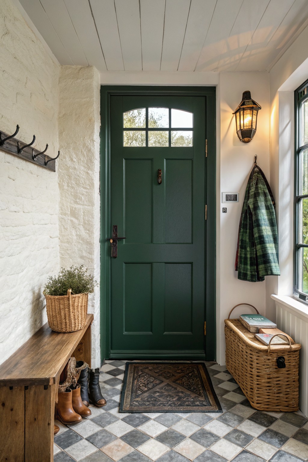 Entryway with deep green paneled door, white brick walls, wood bench holding boots, hanging coats and lantern light beside checkered tile floor