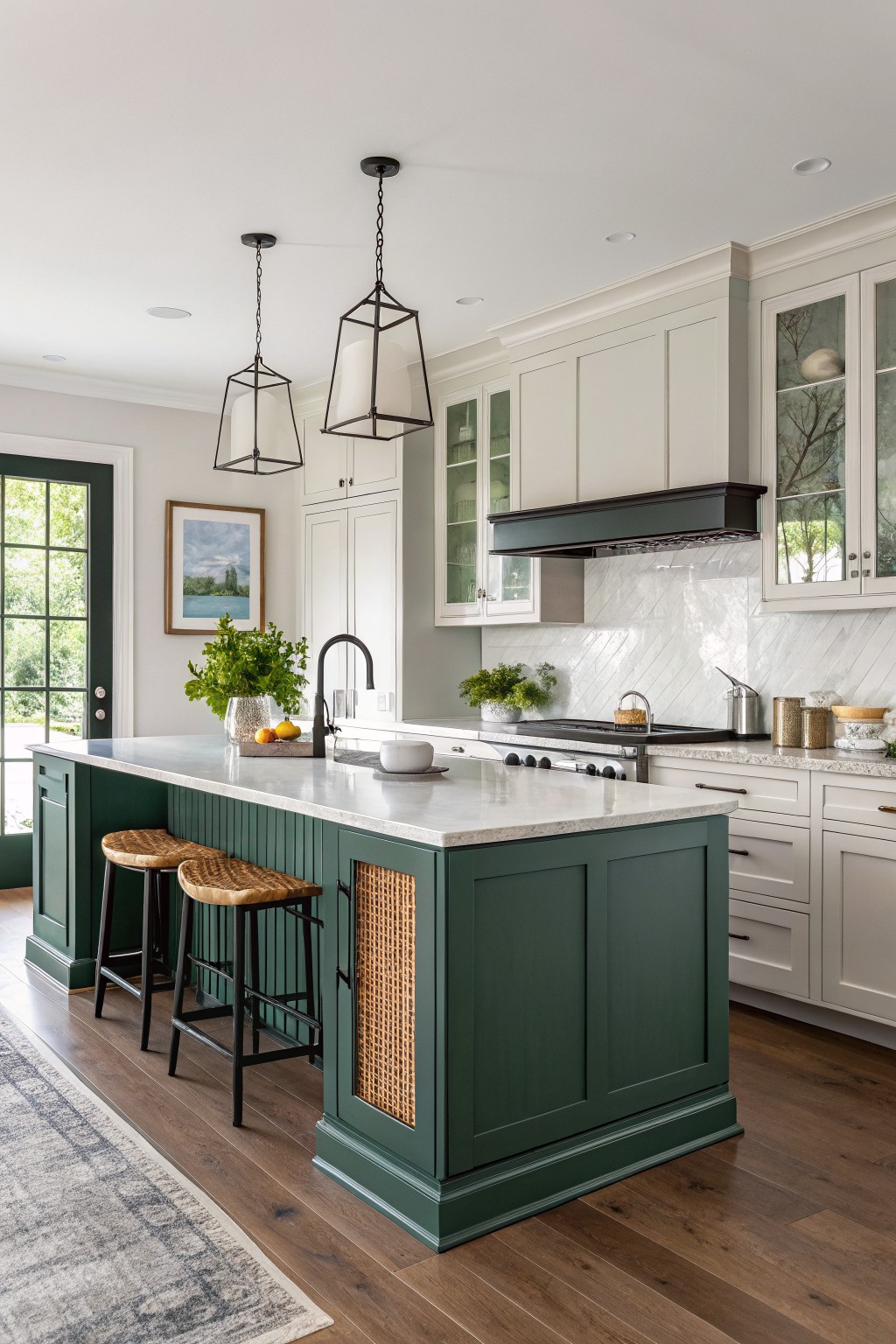 Kitchen island painted deep green with rattan panels and black metal legs, white upper cabinets, and herringbone tile backsplash