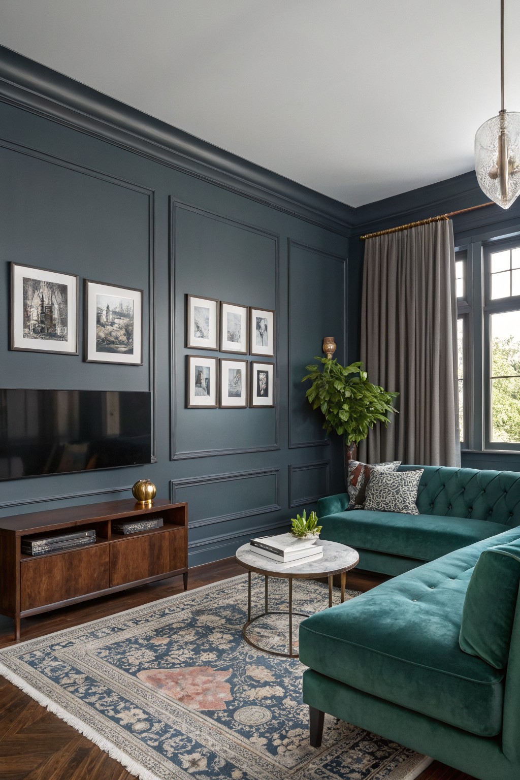 Living room with deep navy paneled walls, emerald green velvet sofa, wood media console, brass lamp, large plant, and blue-toned Persian rug