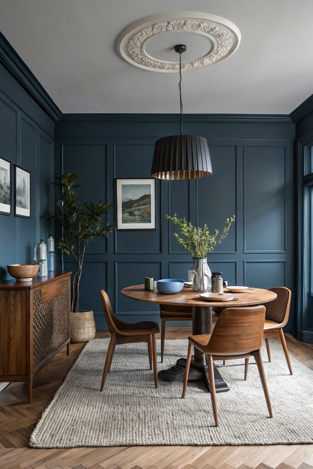 Dining room with deep navy paneled walls, round wood table, wooden chairs, sideboard, plants, and pendant light over a white rug on herringbone floors