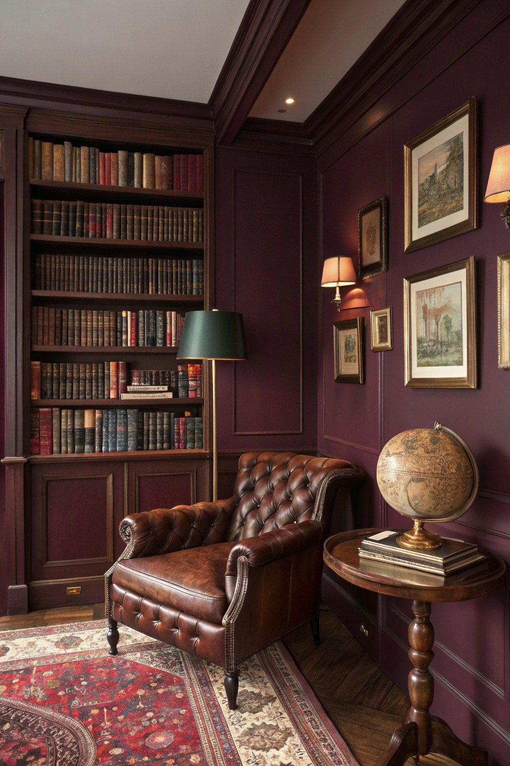 Elegant study with deep plum walls lined in bookshelves, a tufted leather armchair beside a globe on a small table, brass lamps, and framed art.