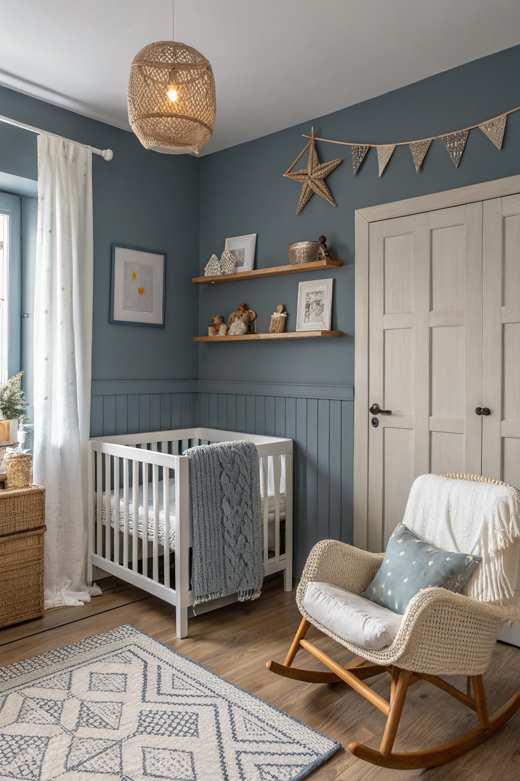 Cozy nursery with muted blue-gray walls, paneled wainscoting, white crib draped in knit blankets, rattan rocking chair, and natural wood shelving