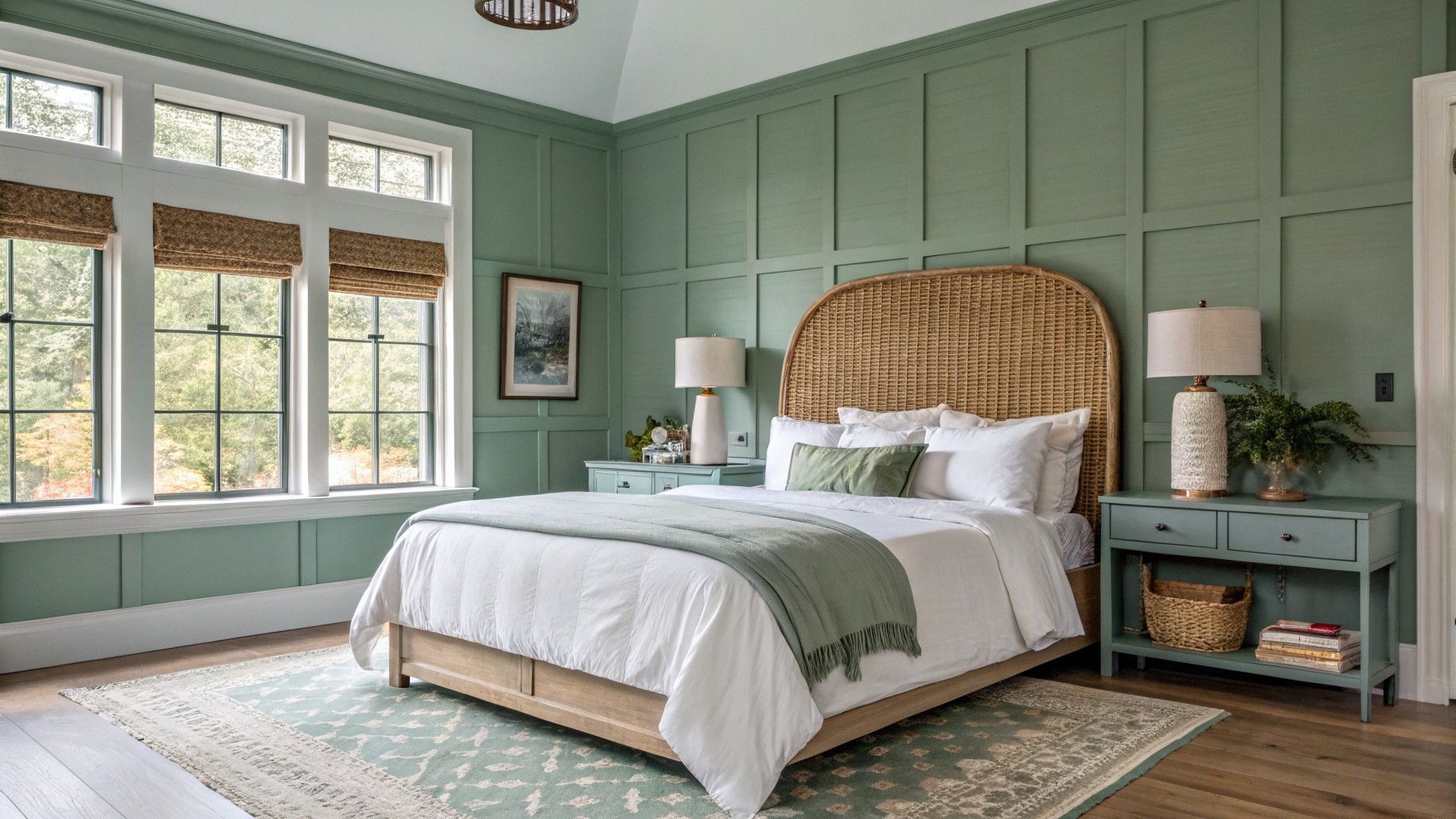 Bedroom interior featuring pale sage green walls with white shiplap ceiling, rattan headboard, and large windows with natural wood floors