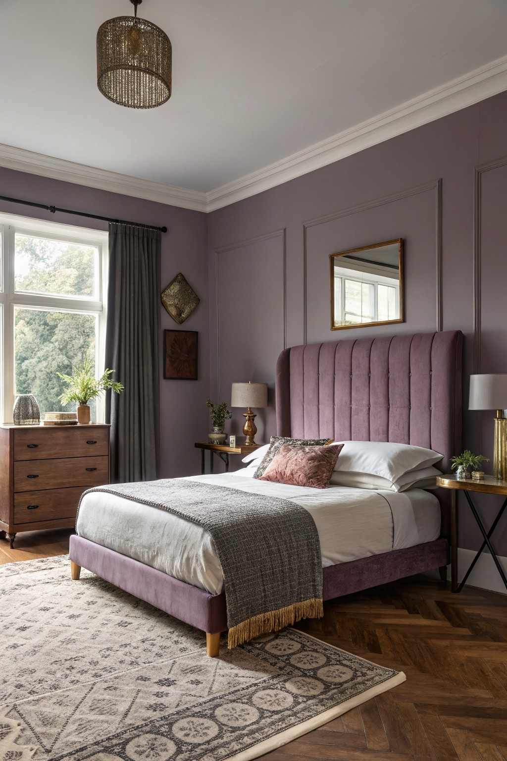 Cozy bedroom featuring muted mauve paneled walls, tufted purple bed, wood dresser, and herringbone floors